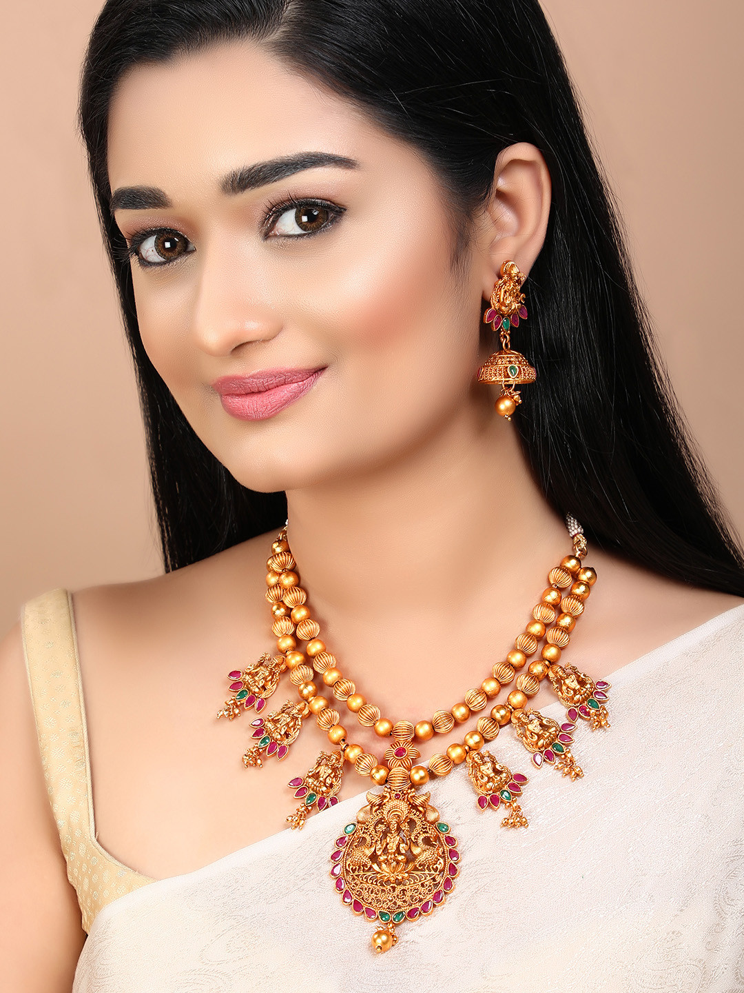 

Rubans Women Gold-Plated Pink & Blue Stone Studded Handcrafted Temple Jewellery Set