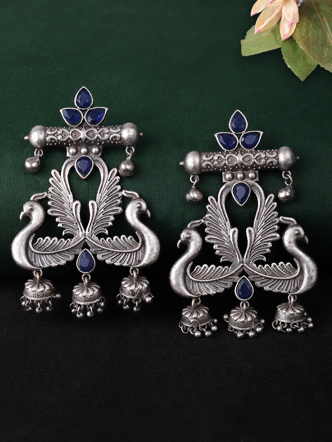 

Rubans Silver-Toned & Blue Oxidised Classic Drop Earrings
