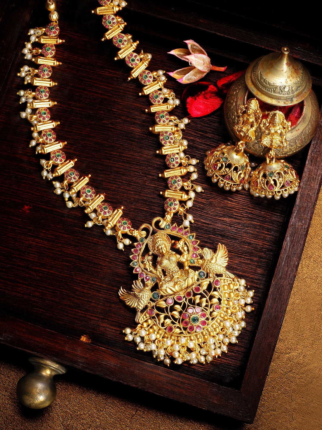 

Rubans Women Gold-Plated Pink & Green Stone Studded Handcrafted Statement Jewellery Set