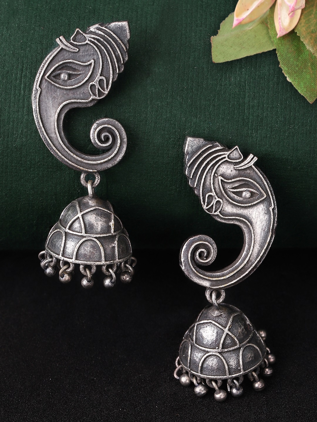 

Rubans Silver-Toned Dome Shaped Oxidised Jhumkas