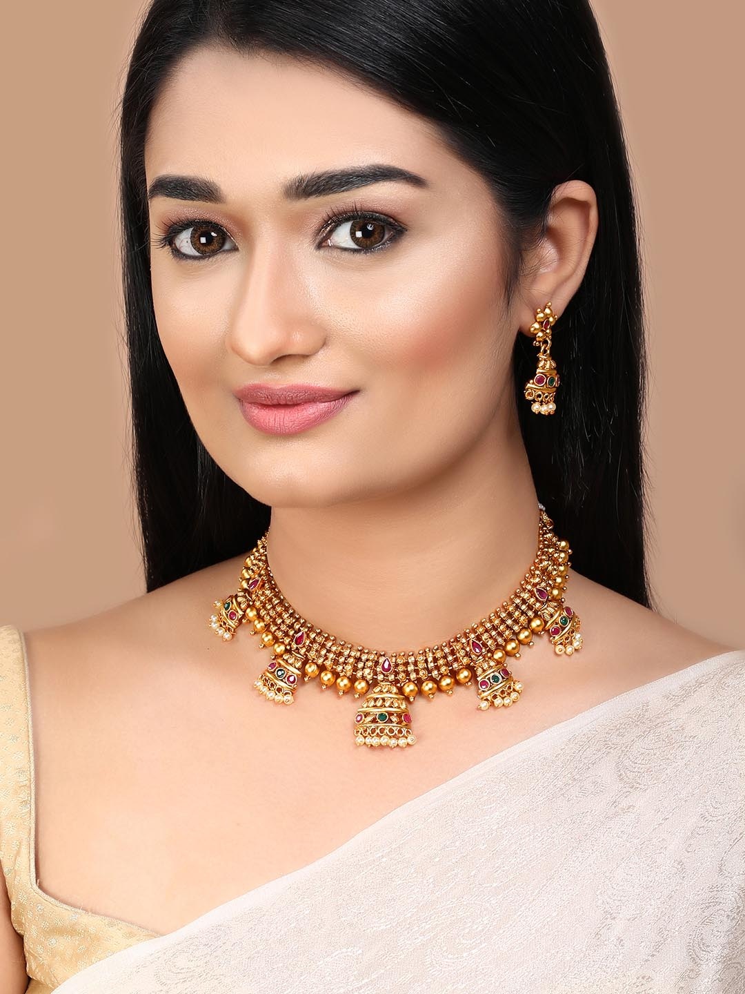 

Rubans Women Gold-Plated Pink & Green Stone Studded Handcrafted Temple Jewellery Set