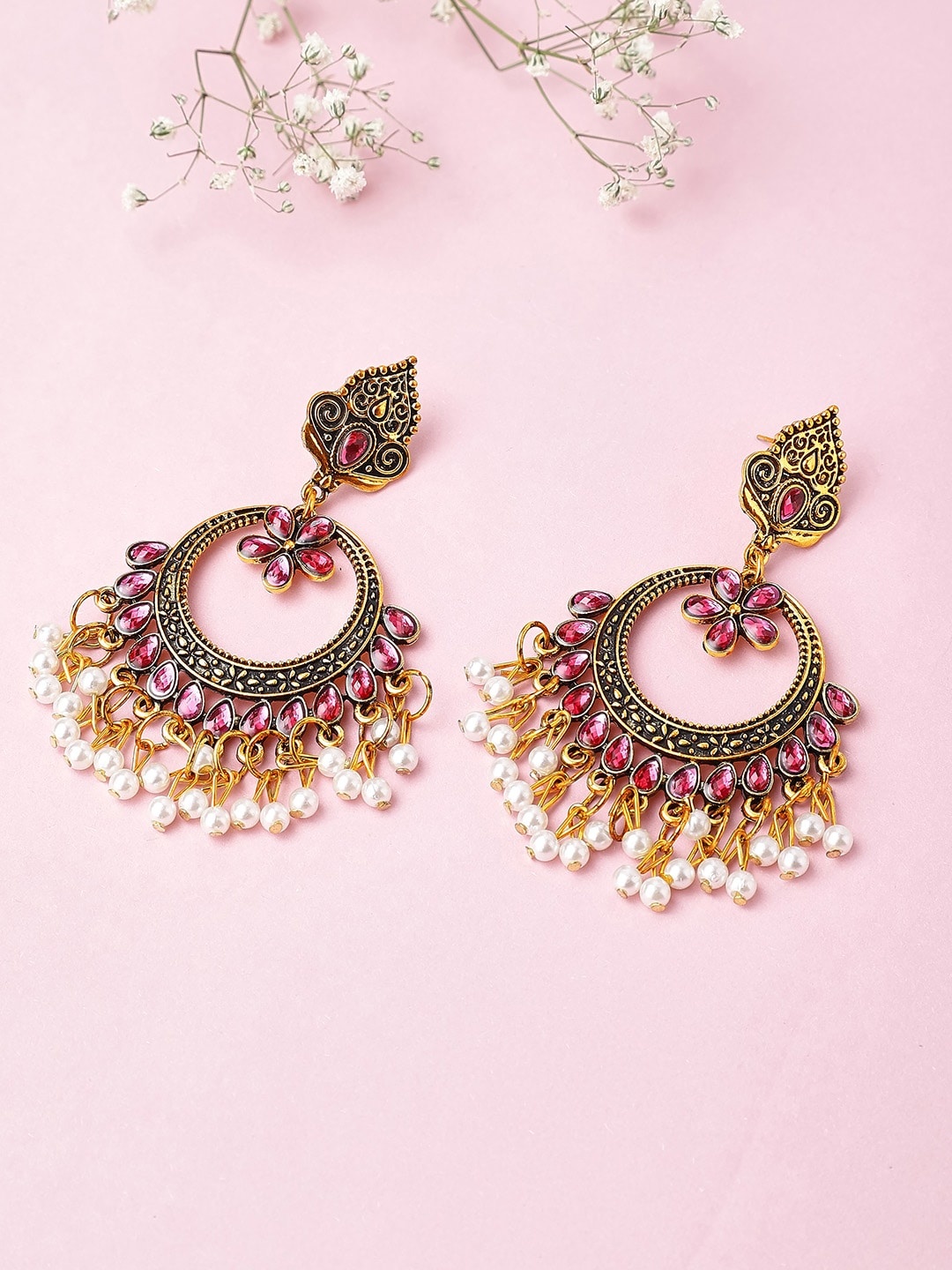 

Rubans Gold-Toned & Pink Crescent Shaped Oxidised Chandbalis