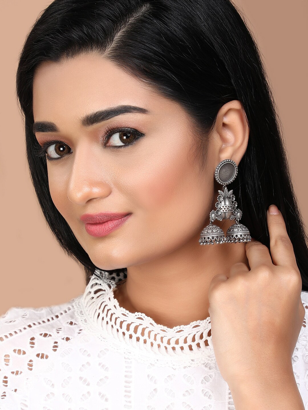 

Rubans Silver-Plated Dome Shaped Oxidised Drop Earrings