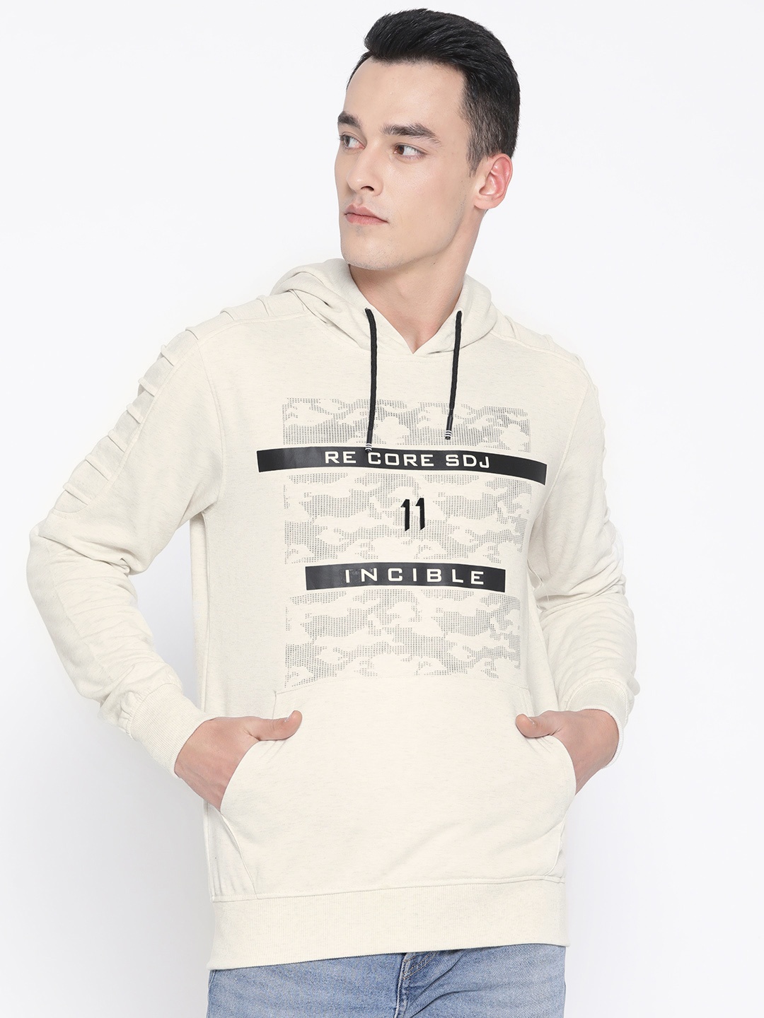 

Duke Men Off-White & Black Printed Hooded Sweatshirt