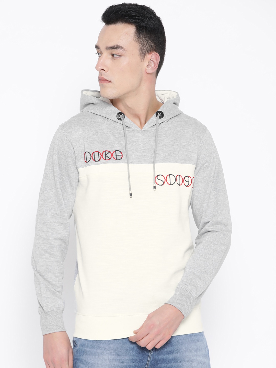 

Duke Men Off-White & Grey Melange Colourblocked Hooded Sweatshirt