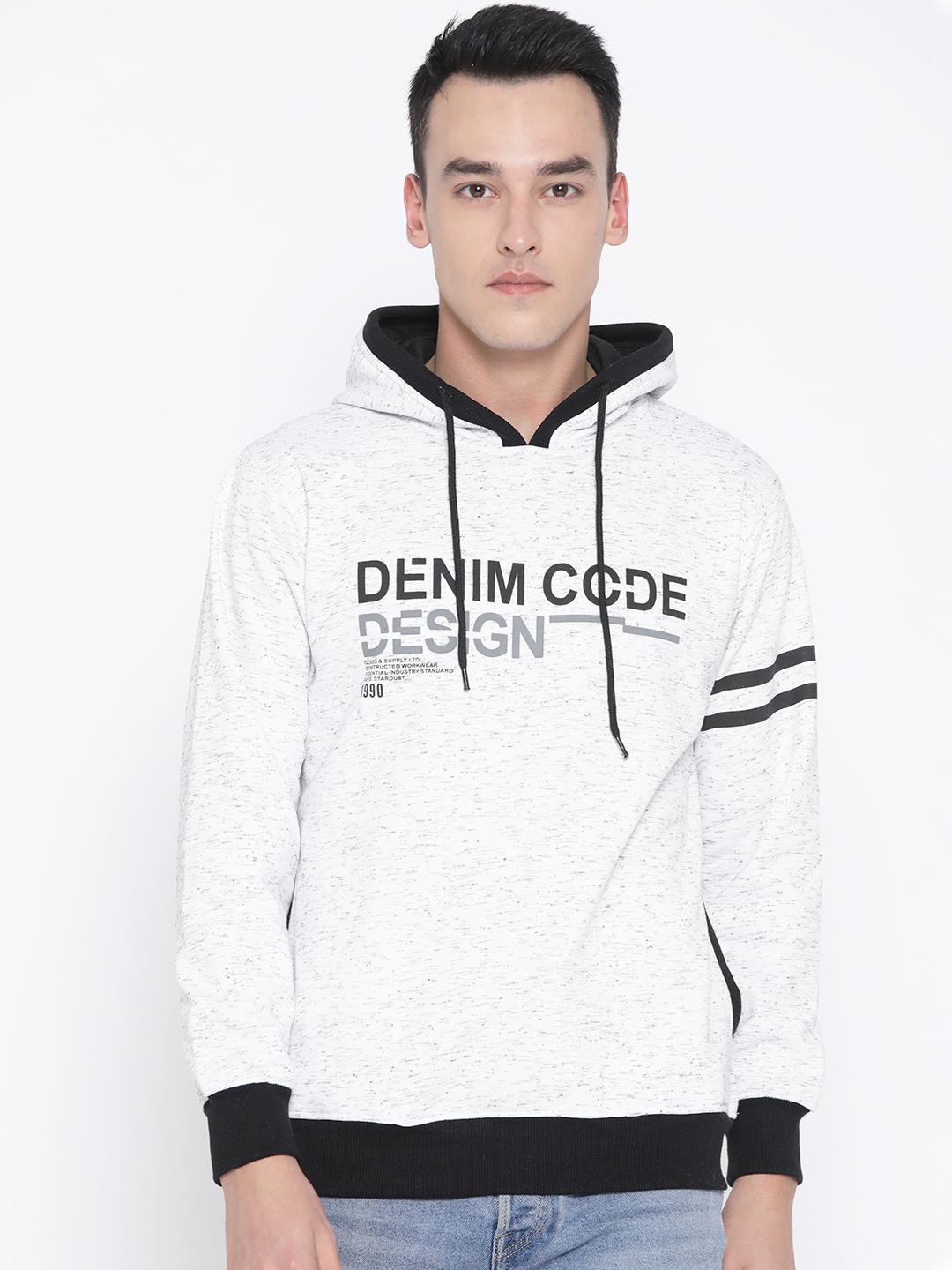 

Duke Men White & Grey Printed Hooded Sweatshirt