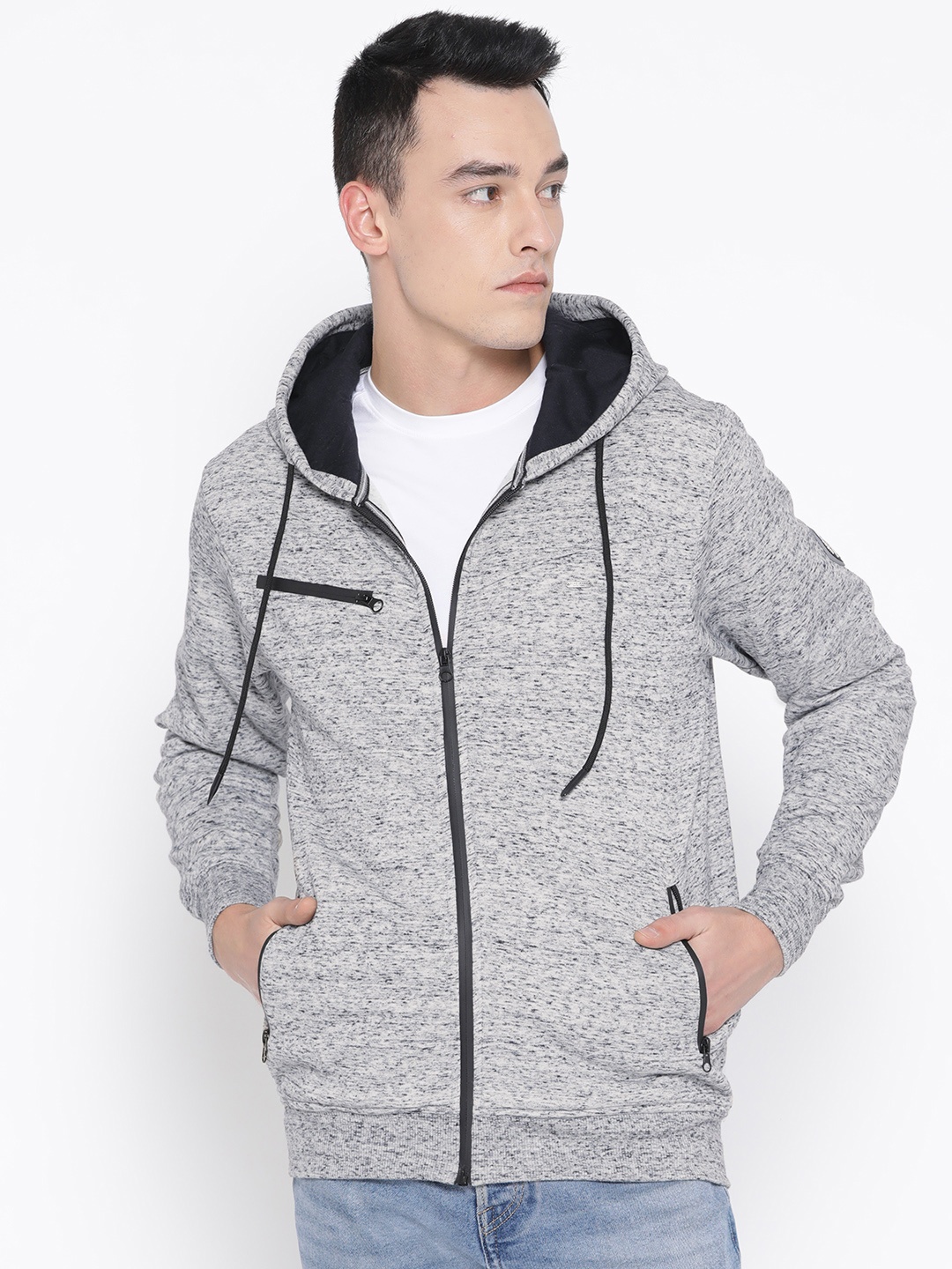 

Duke Men Grey & Black Solid Hooded Sweatshirt