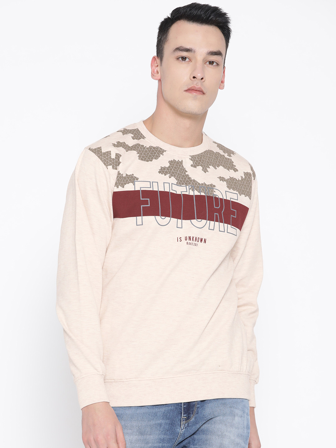 

Duke Men Cream-Coloured & Maroon Printed Sweatshirt