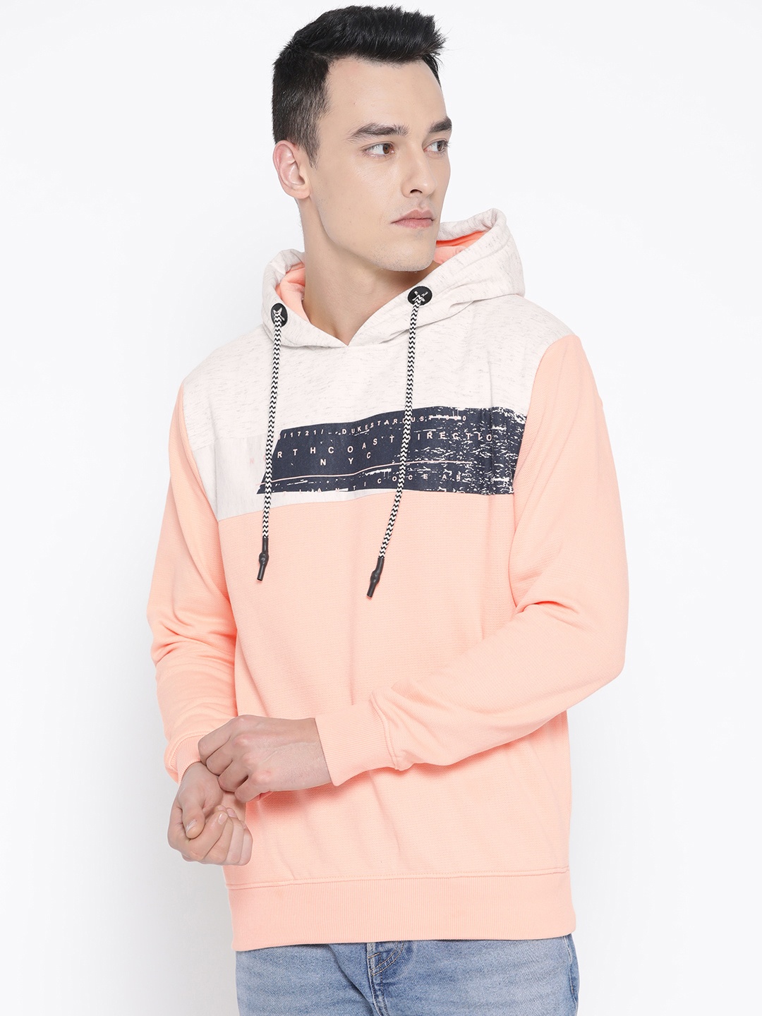 

Duke Stardust Men Peach-Coloured & Off-White Printed Hooded Sweatshirt