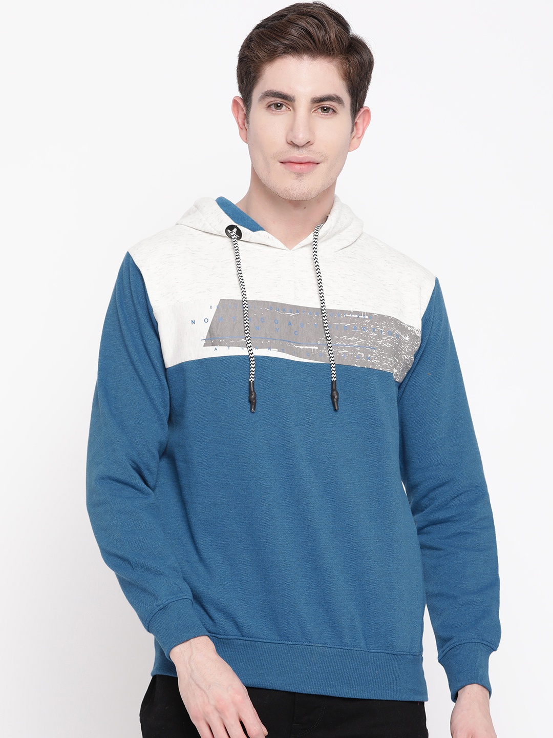 

Duke Stardust Men Blue & Off-White Colourblocked Hooded Sweatshirt