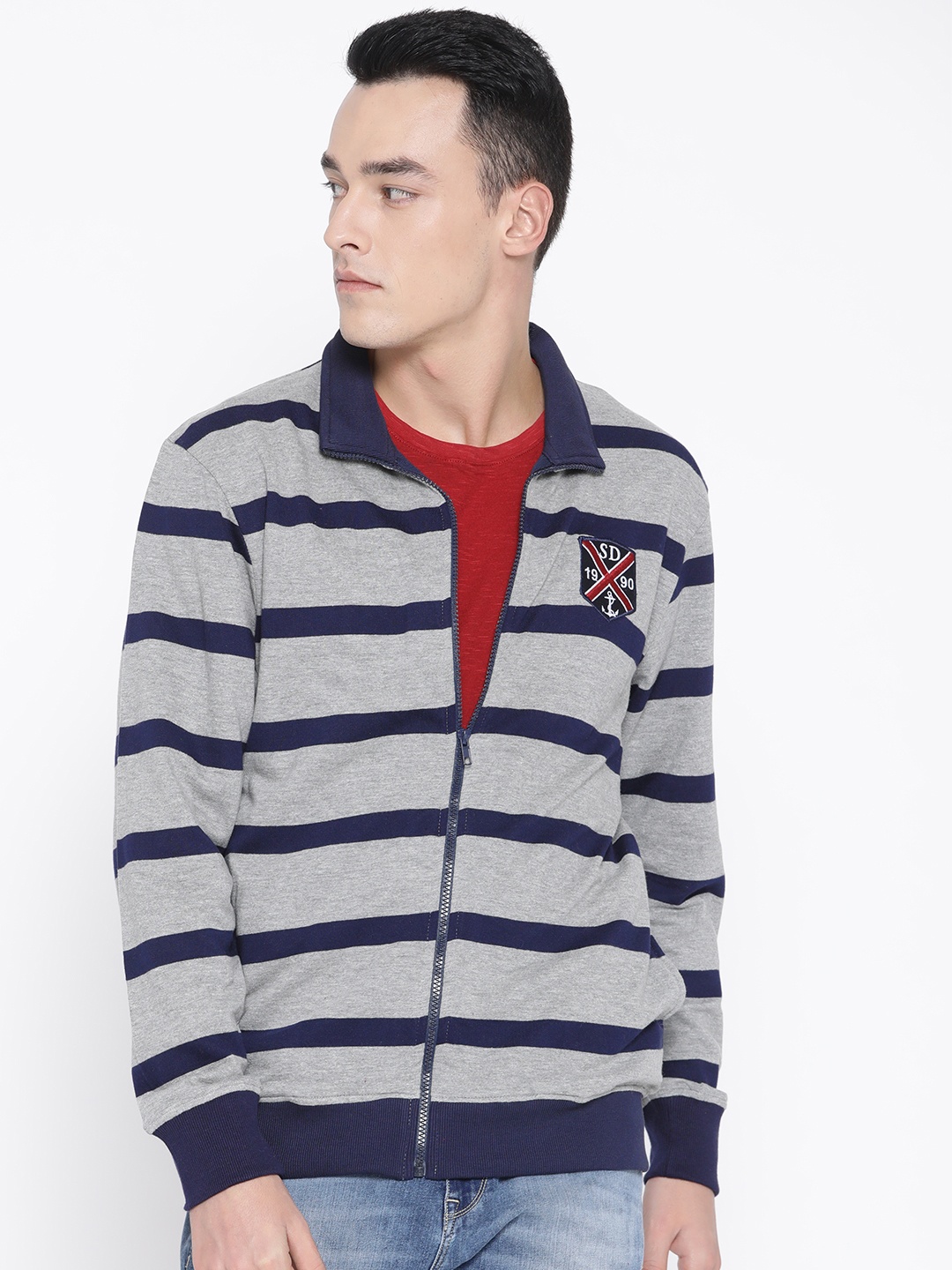 

Duke Men Grey Melange & Navy Blue Striped Sweatshirt