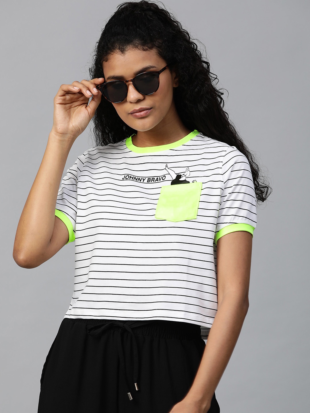 

Johnny Bravo by Kook N Keech Women Off-White Striped Johnny Bravo Round Neck T-shirt