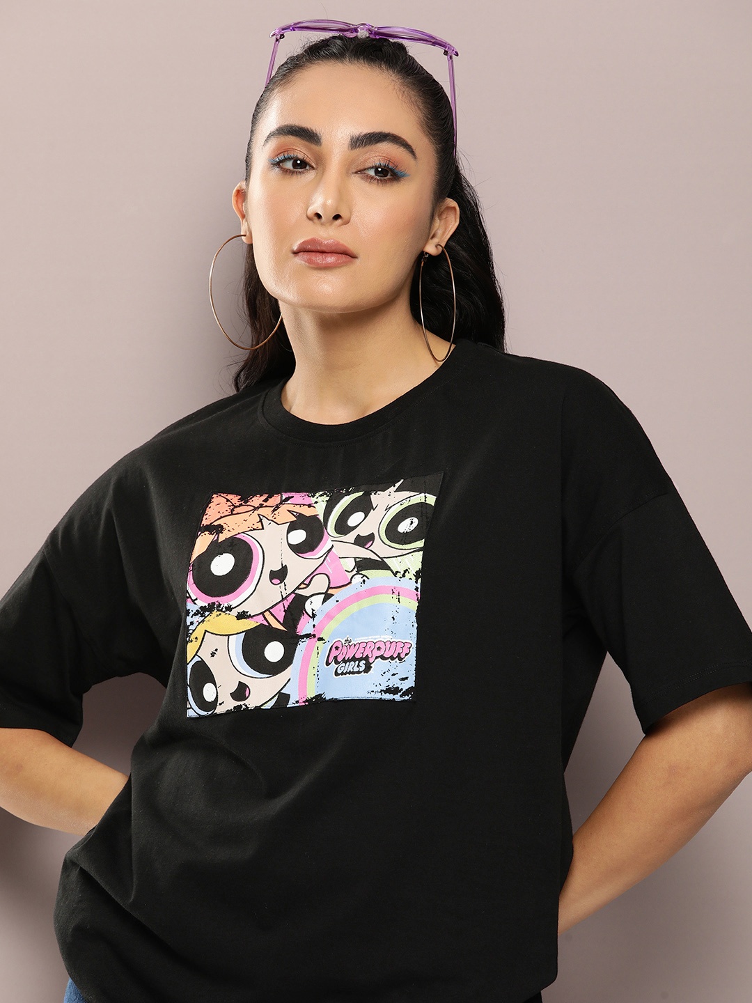 

Powerpuff Girls by Kook N Keech Printed Drop-Shoulder Sleeves Pure Cotton T-shirt, Black