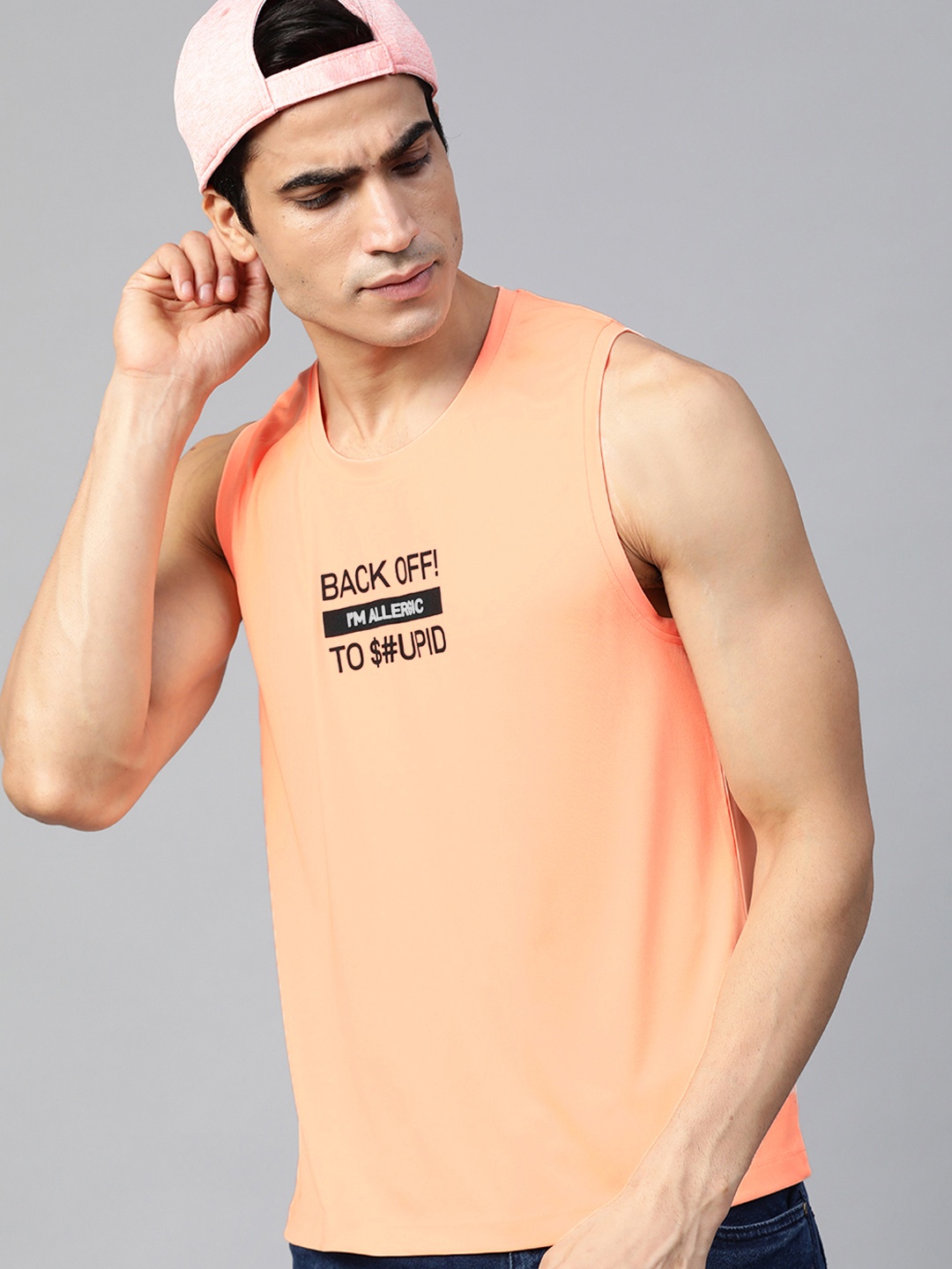 

Kook N Keech Men Neon Orange Printed Sleeveless Round Neck T-shirt