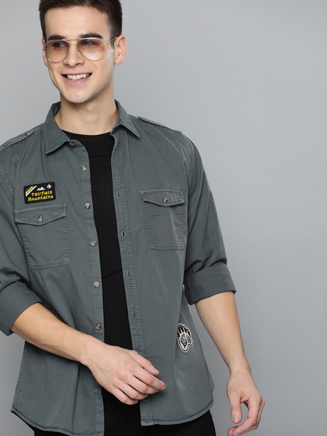 

HERE&NOW Men Grey Regular Fit Solid Casual Shirt
