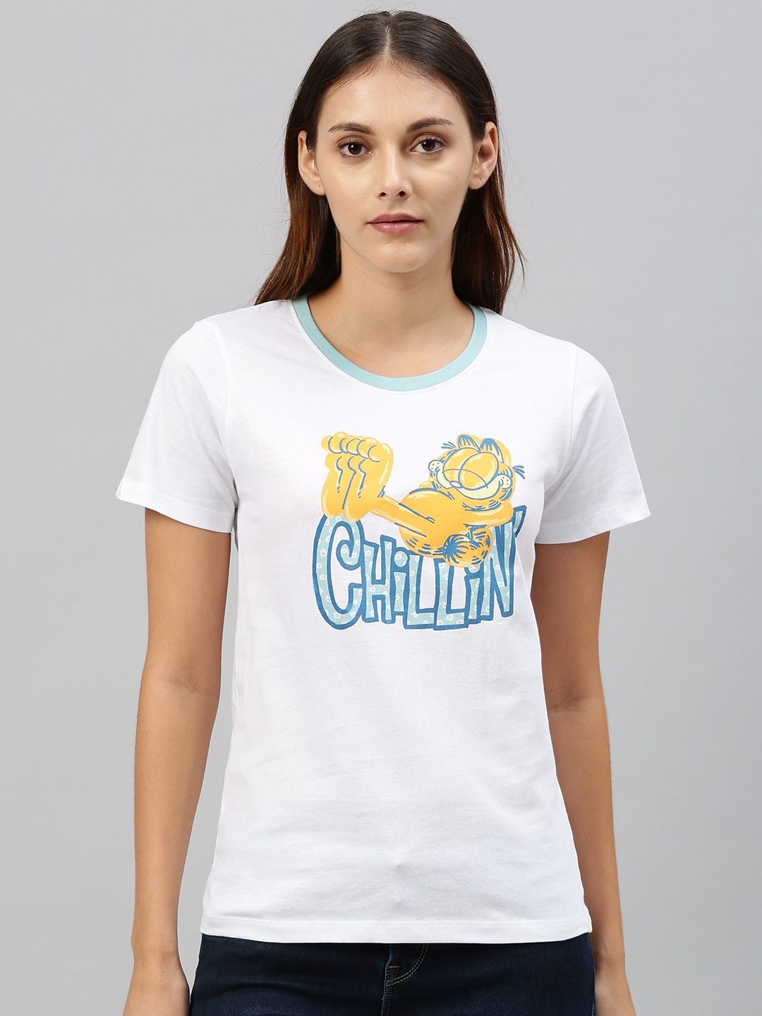 

Kook N Keech Garfield Women White Printed Round Neck Pure Cotton T-shirt