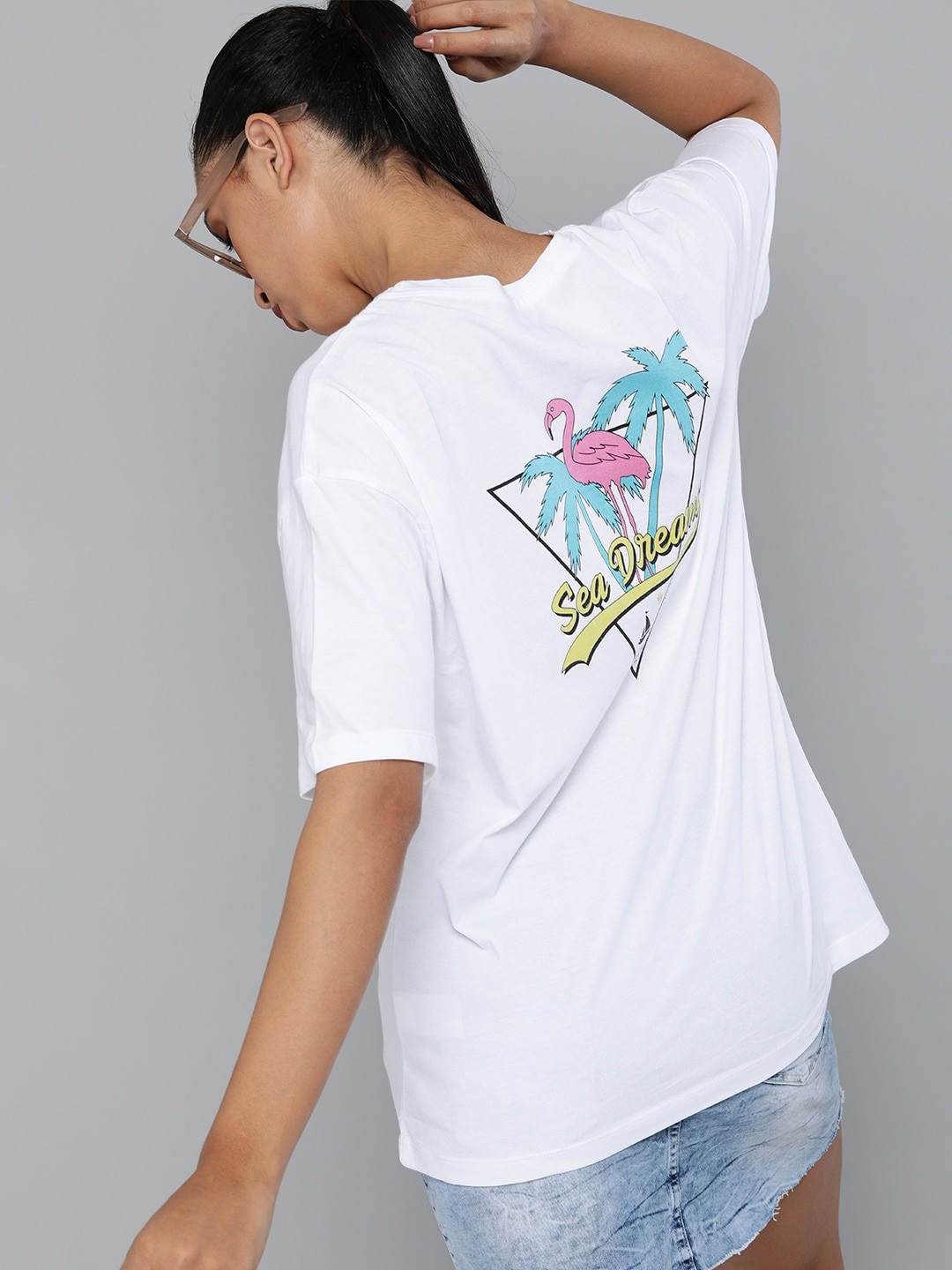 Kook N Keech Women White Printed Oversized Round Neck Pure Cotton T-shirt