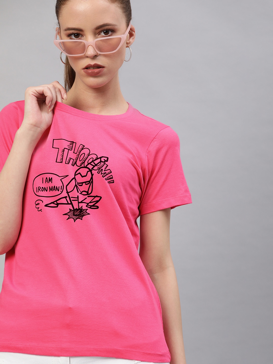 

Kook N Keech Marvel Women Pink Iron Man Printed Round Neck Pure Cotton T-shirt