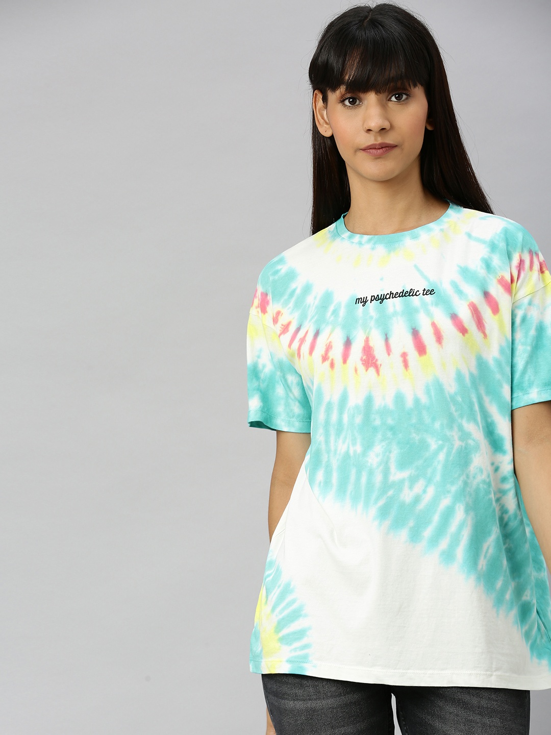 

Kook N Keech Women White Sea Green Dyed Round Neck Pure Cotton T-shirt with Printed Detail