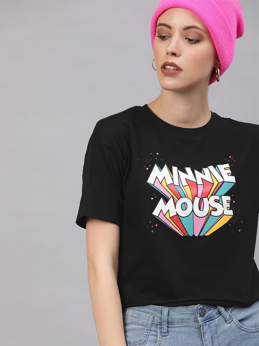 

Kook N Keech Disney Women Black Minni Mouse Printed Round Neck Pure Cotton T-shirt