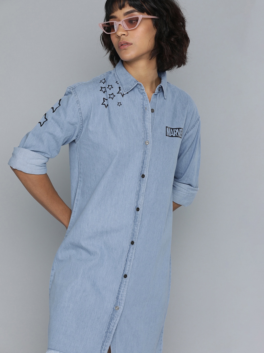 

Kook N Keech Marvel Women Blue Solid Shirt Dress