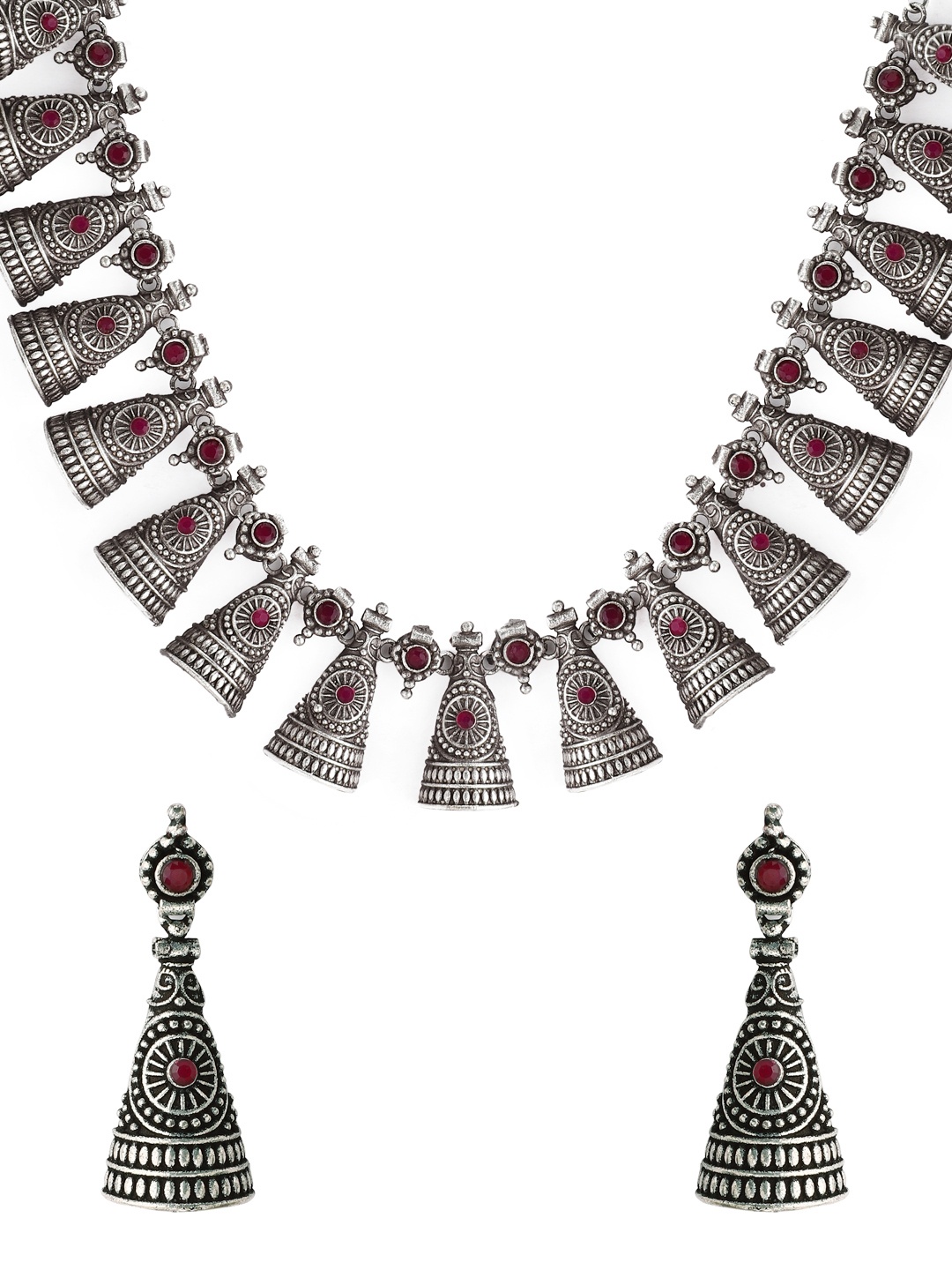 

Rubans Women Oxidised Red Stone Studded Jewellery Set, Silver