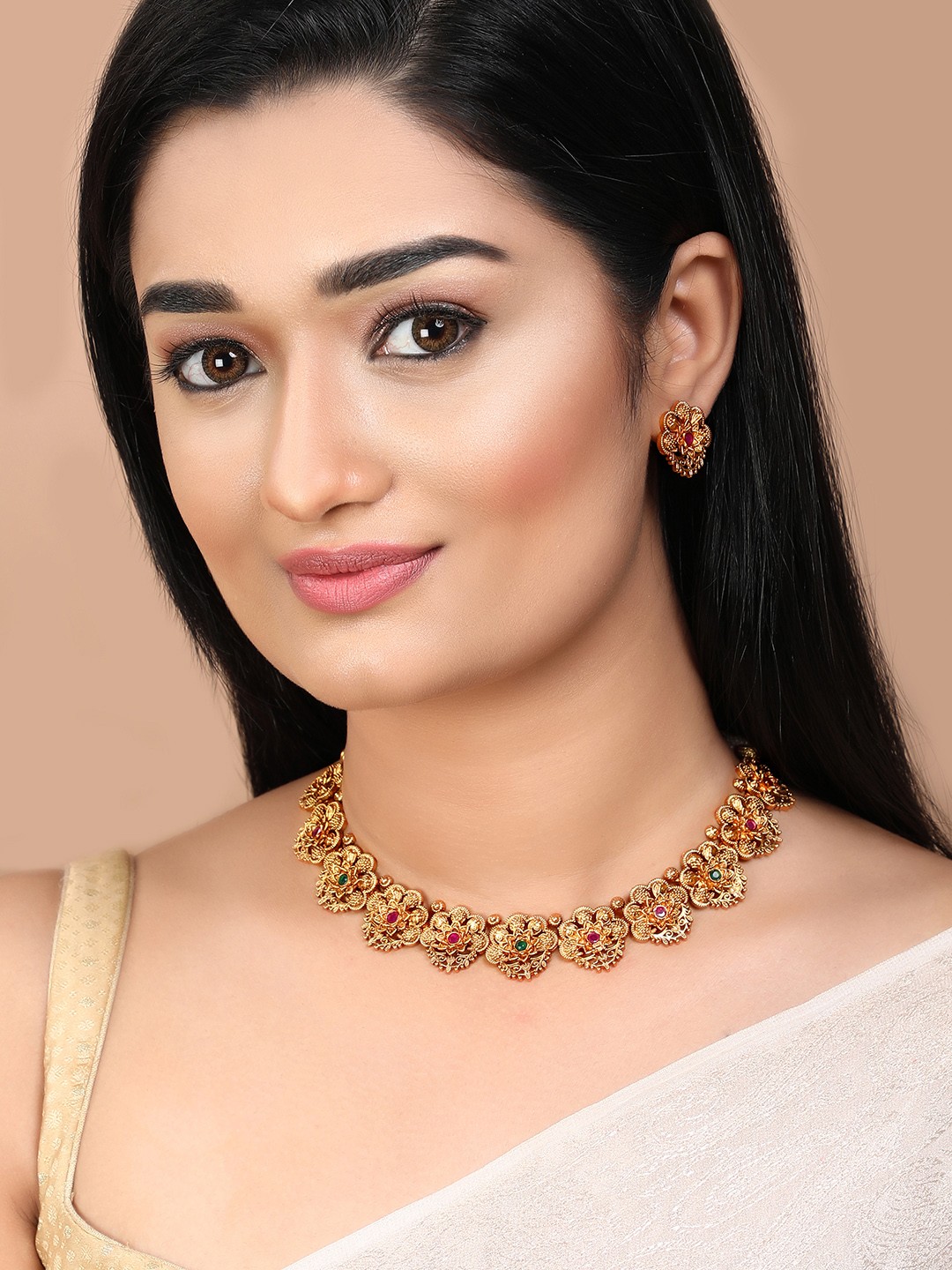 

Rubans Women Gold Plated Red & Green Stone Studded Temple Jewellery Set