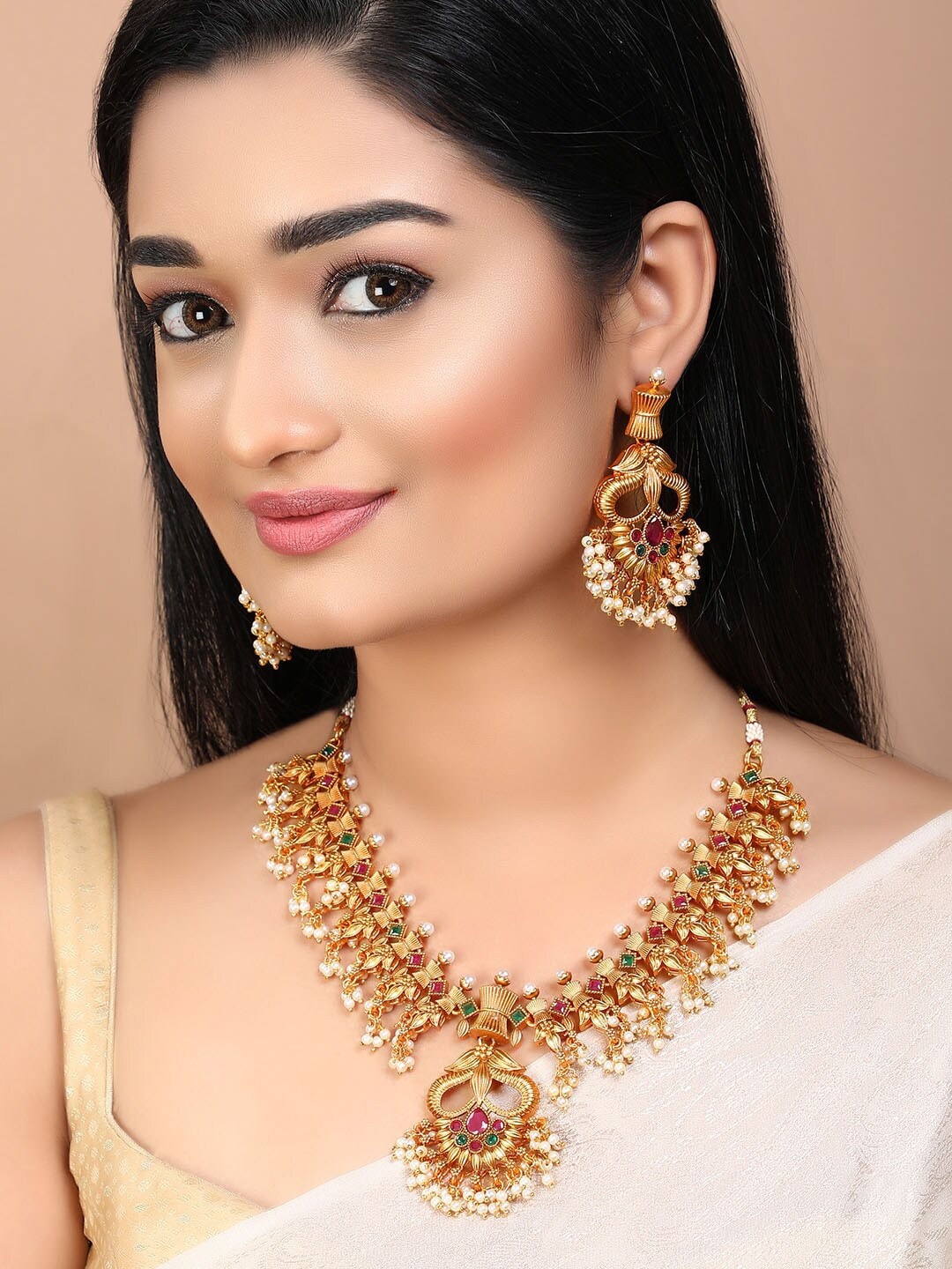 

Rubans Women Gold Plated Red & Green Stone Studded Temple Jewellery Set