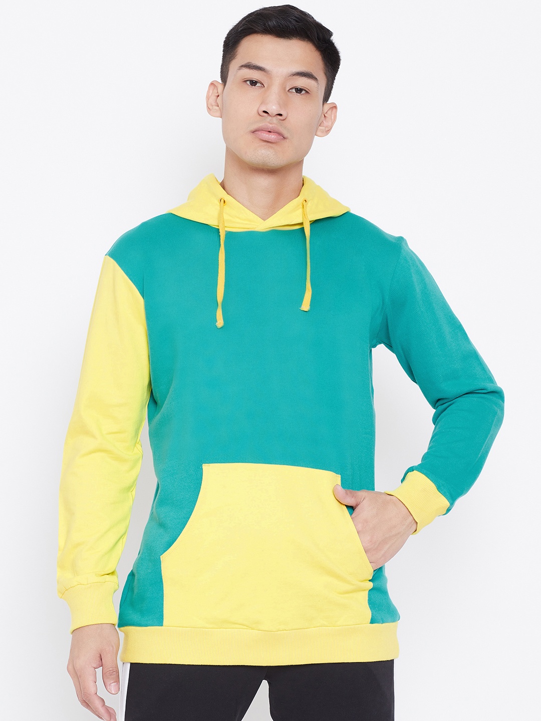 

Aesthetic Bodies Men Yellow & Teal Green Colourblocked Hooded Sweatshirt