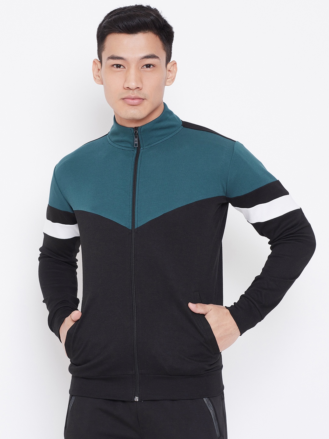 

Aesthetic Bodies Men Black & Teal Blue Colourblocked Sweatshirt