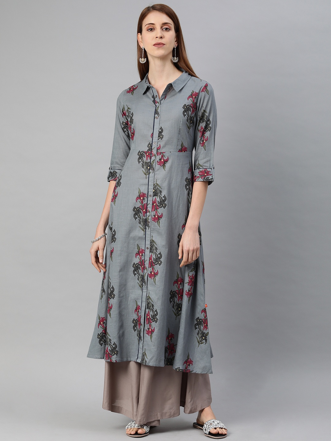 

Alena Women Grey Floral Printed A-Line Kurta