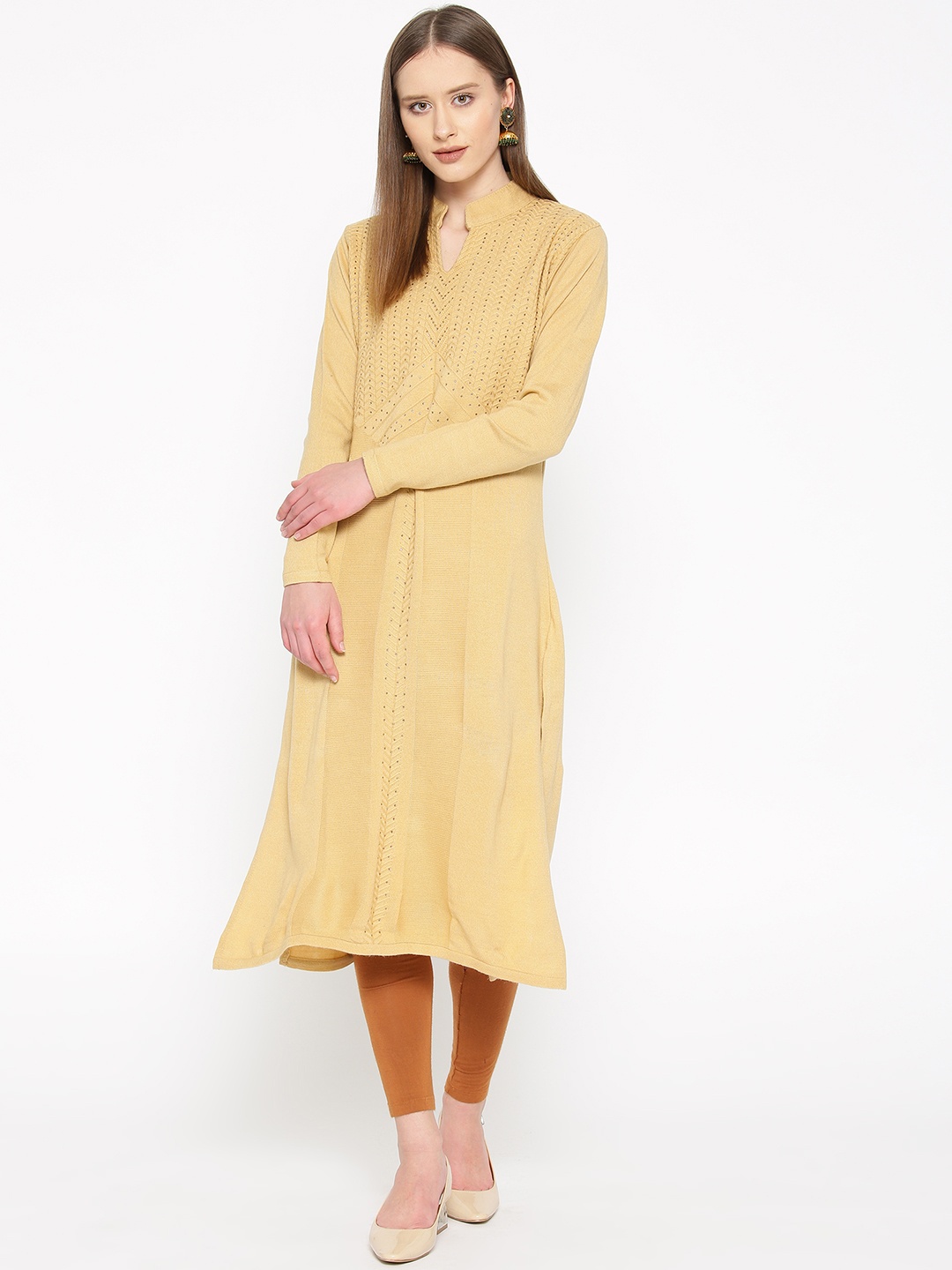 

Cayman Women Cream-Coloured Woven Design Woollen Straight Kurta