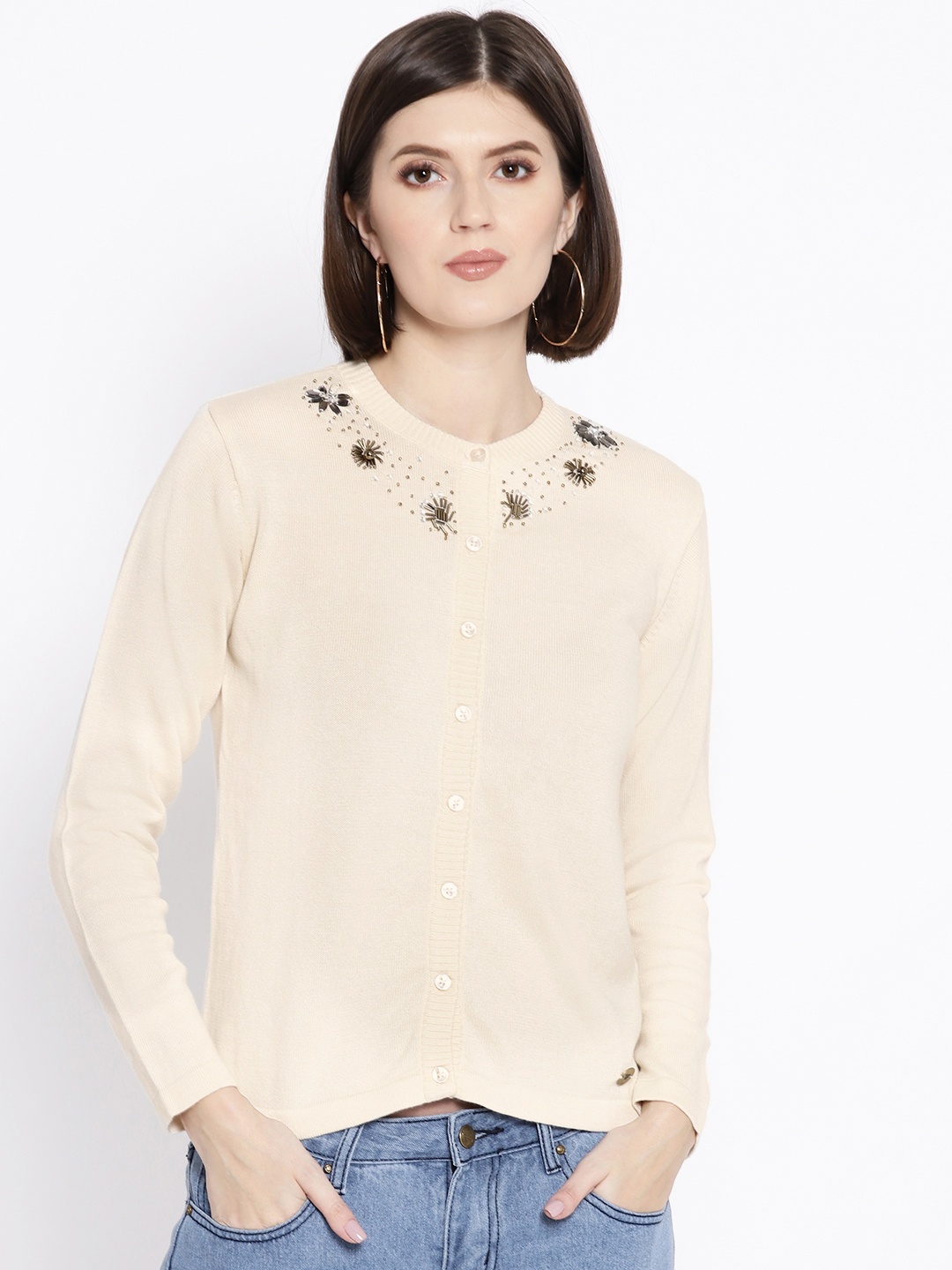 

Cayman Women Cream-Coloured Solid Cardigan