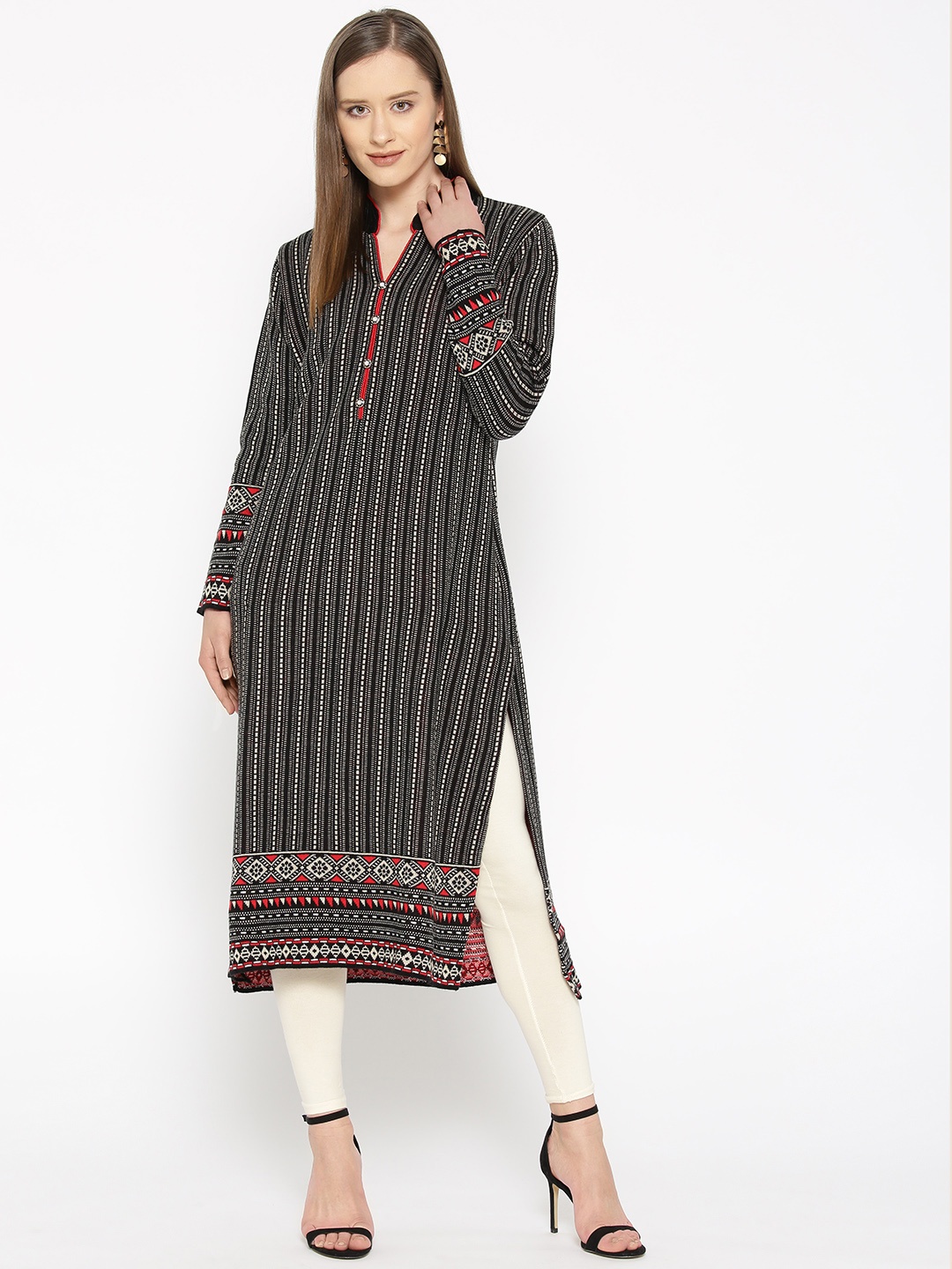 

Cayman Women Black & Beige Self Striped StraightWinter Kurta