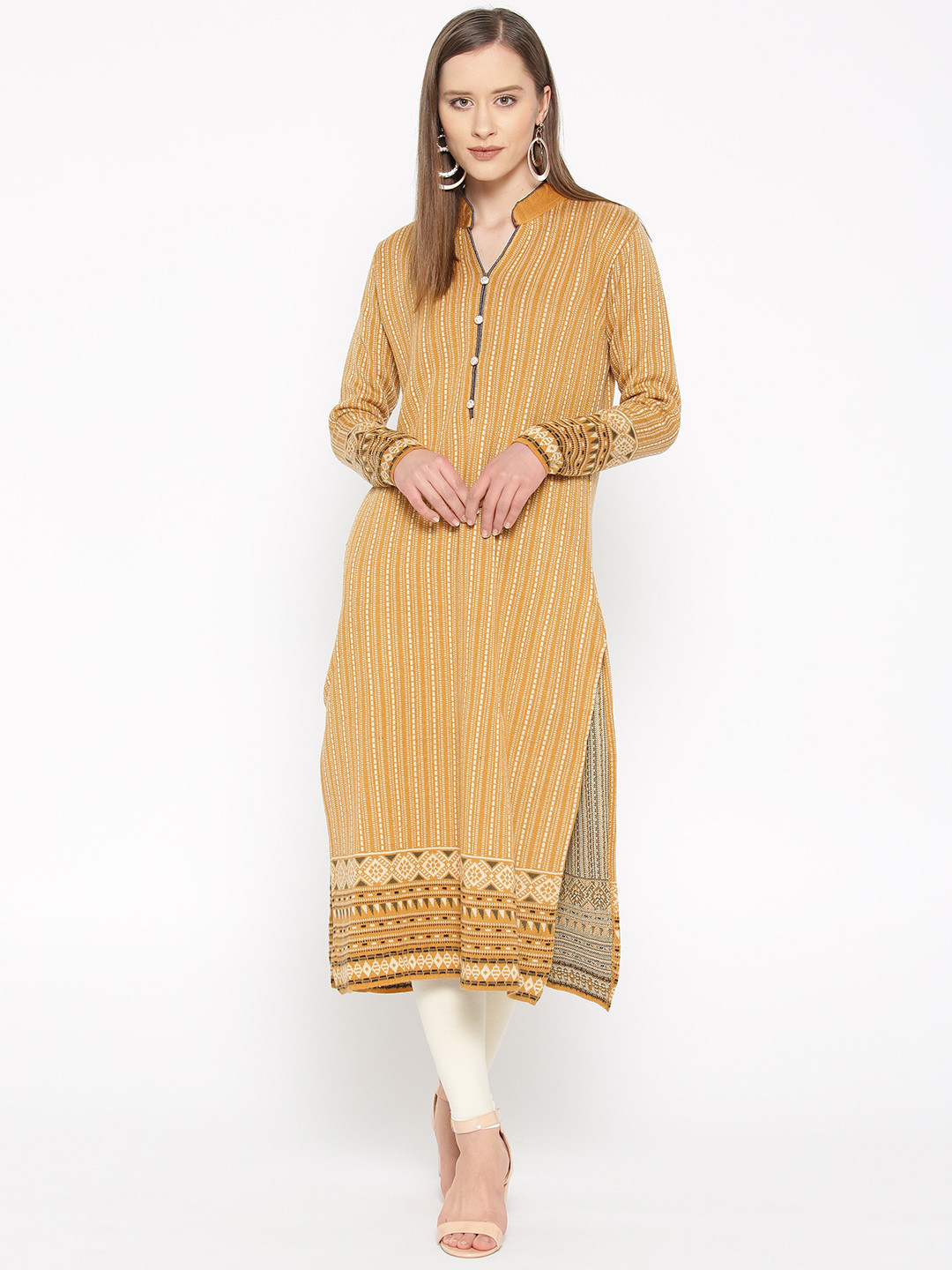 

Cayman Women Mustard Yellow & Off-White Self Striped Straight Winter Kurta