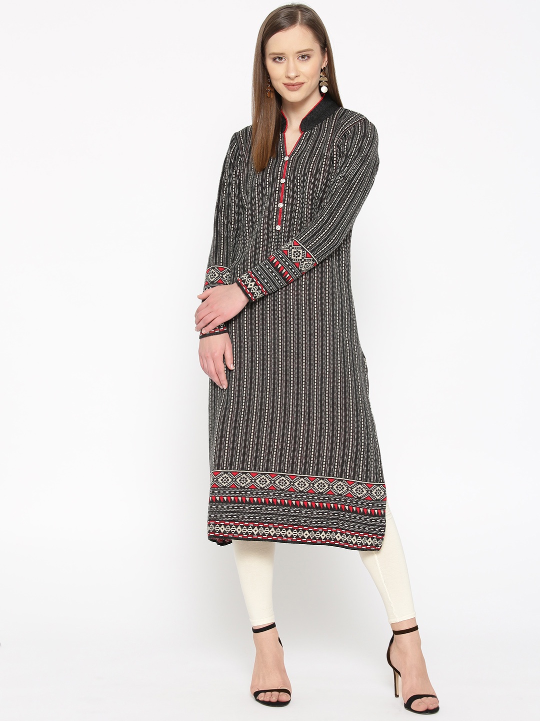 

Cayman Women Charcoal Grey & Off-White Woven Design Straight Winter Kurta