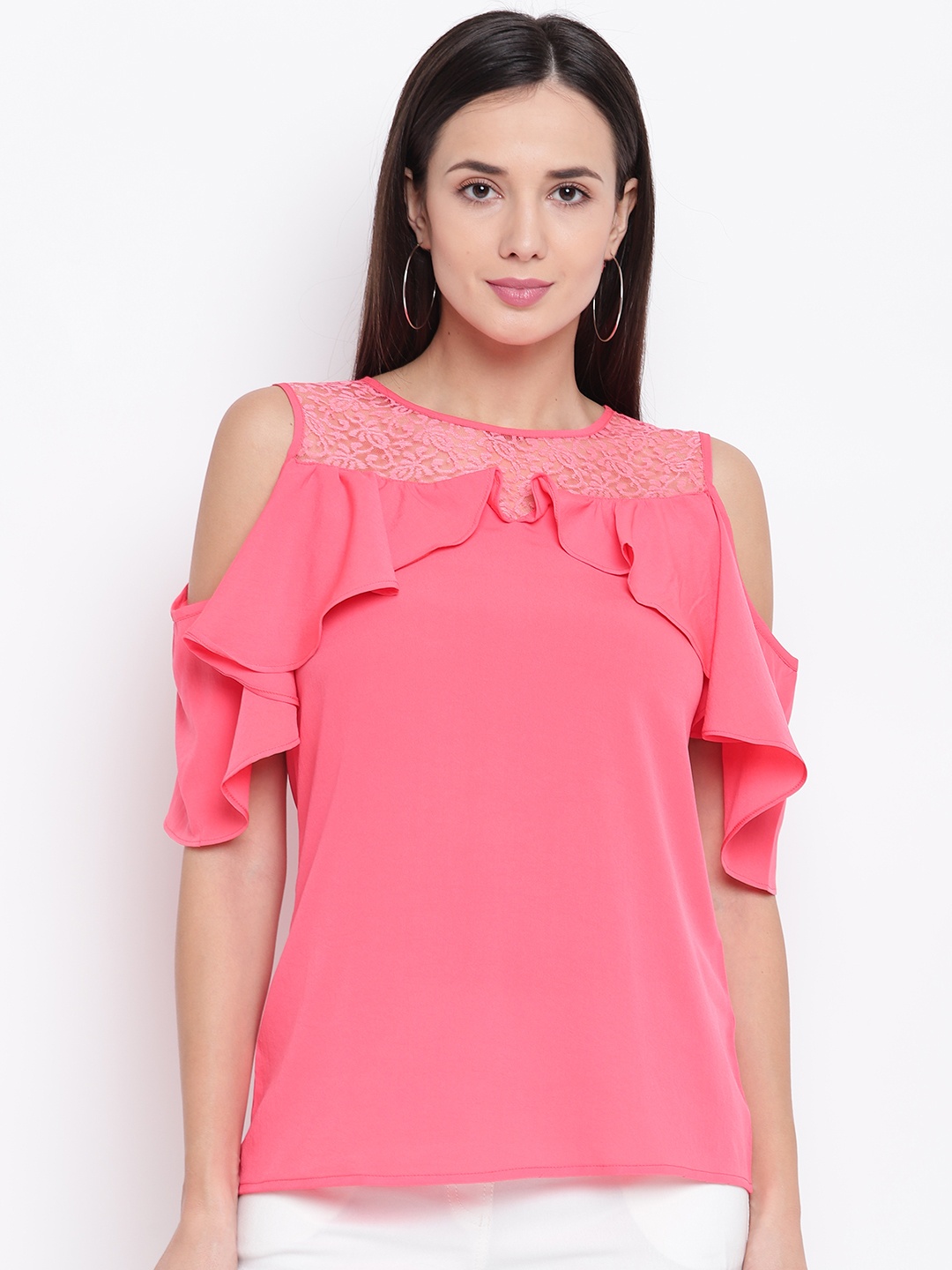 

Karmic Vision Women Neon Pink Solid Cold-Shoulder Regular Top