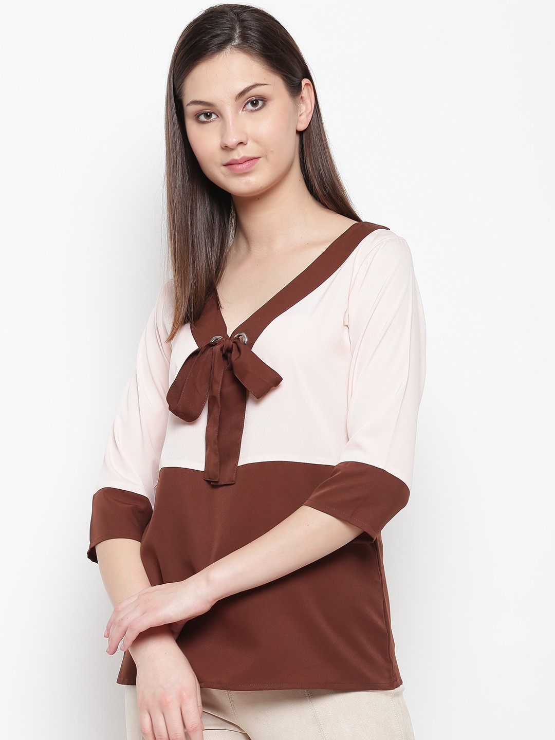 

Karmic Vision Women Beige & Brown Colourblocked Top
