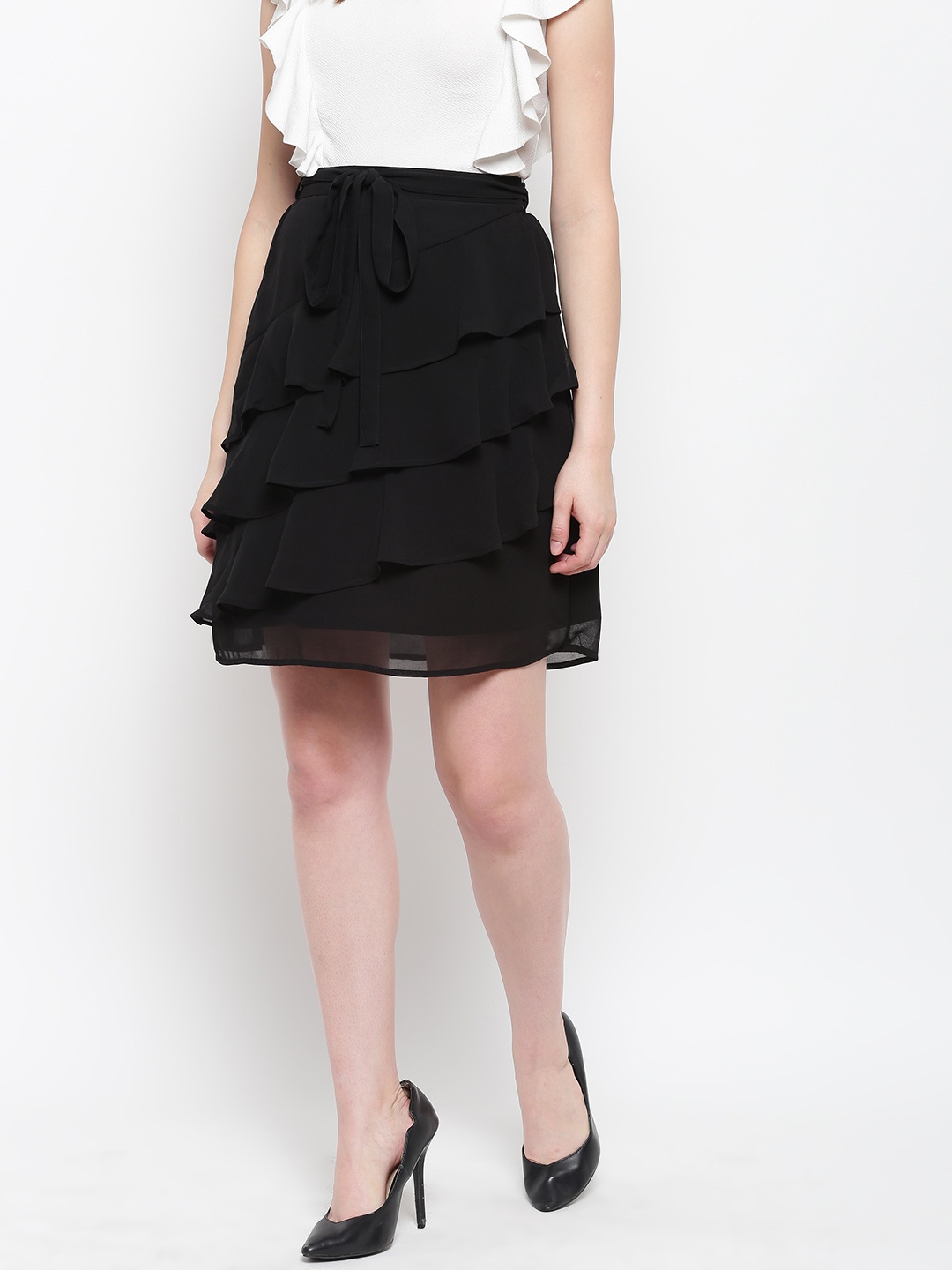 

Karmic Vision Women Black Solid Ruffled Straight Skirt