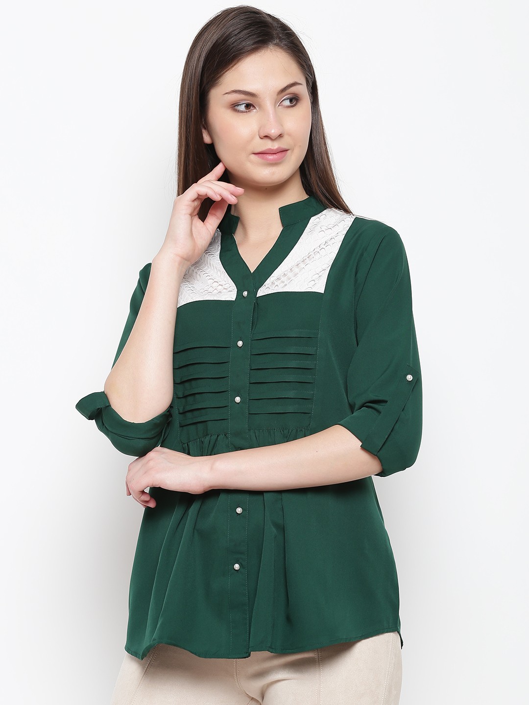 

Karmic Vision Women Green & Off-White Solid Shirt Style Top