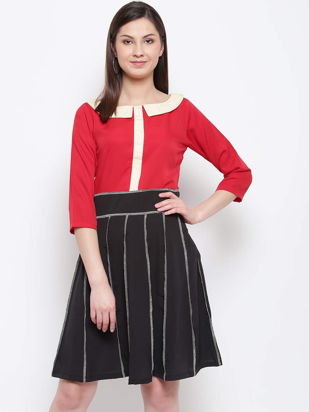 

Karmic Vision Women Red & Black Colourblocked A-Line Dress