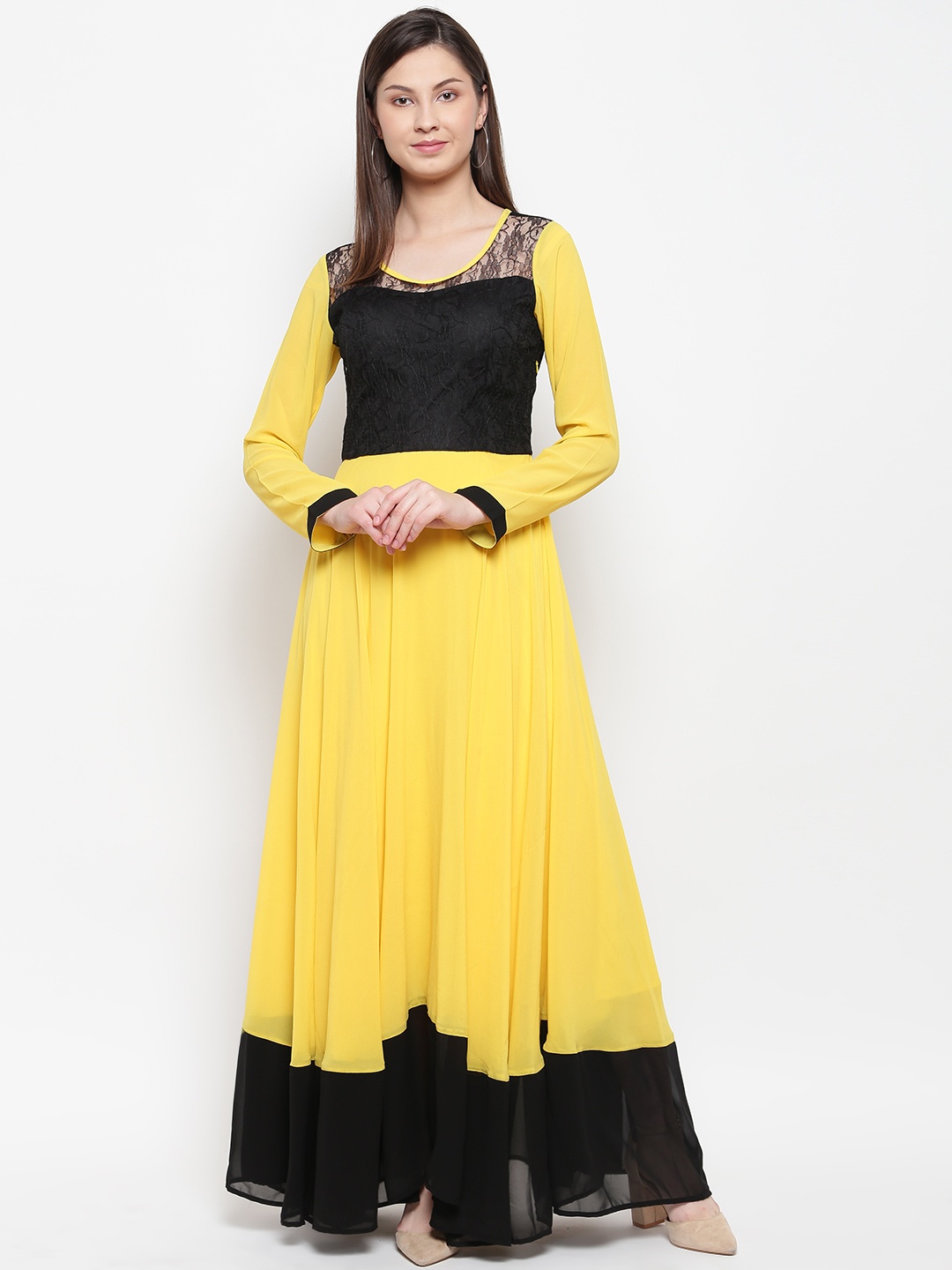 

Karmic Vision Women Yellow & Black Colourblocked Maxi Dress