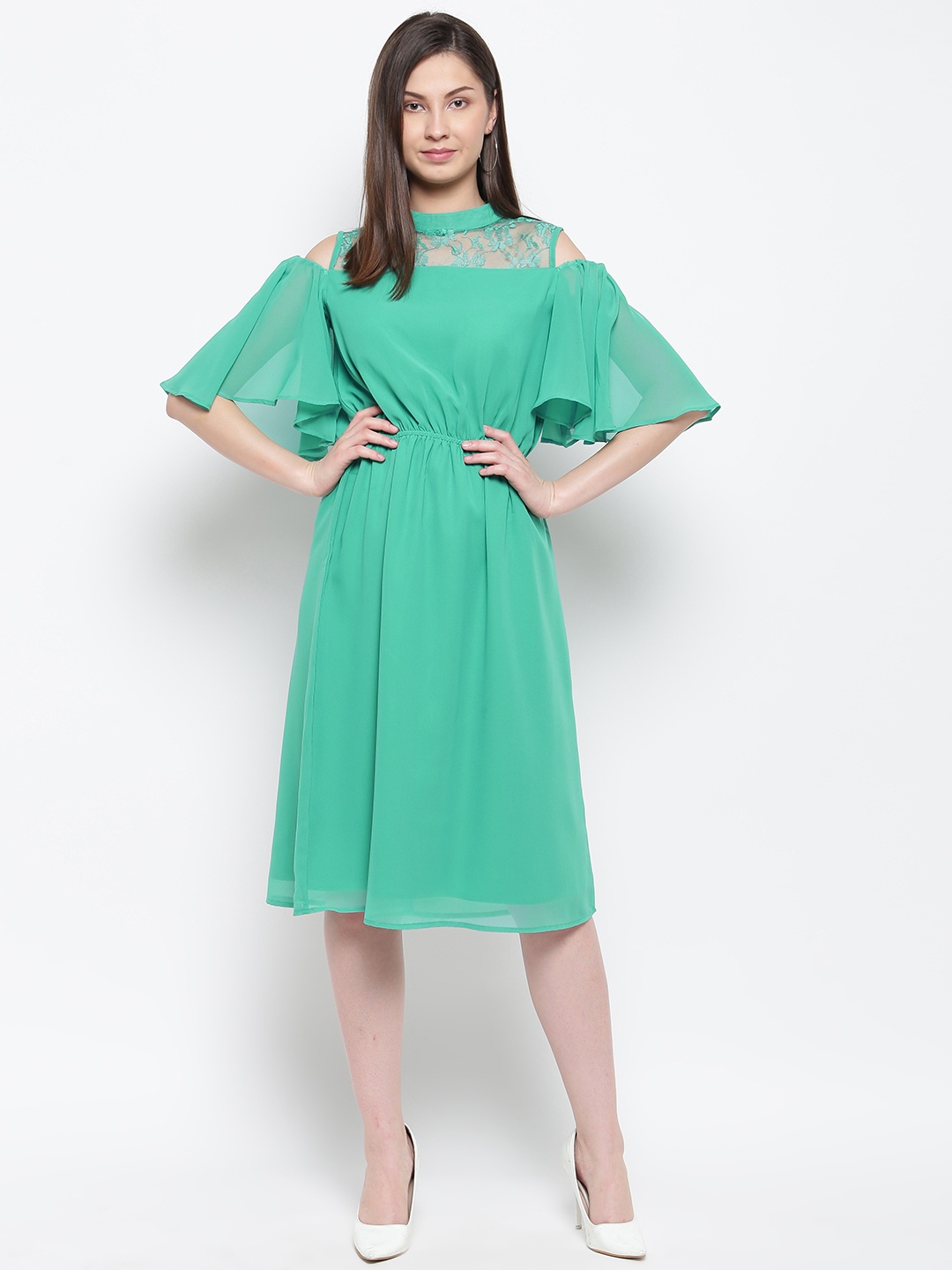 

Karmic Vision Women Green Solid Cold-Shoulder A-Line Dress