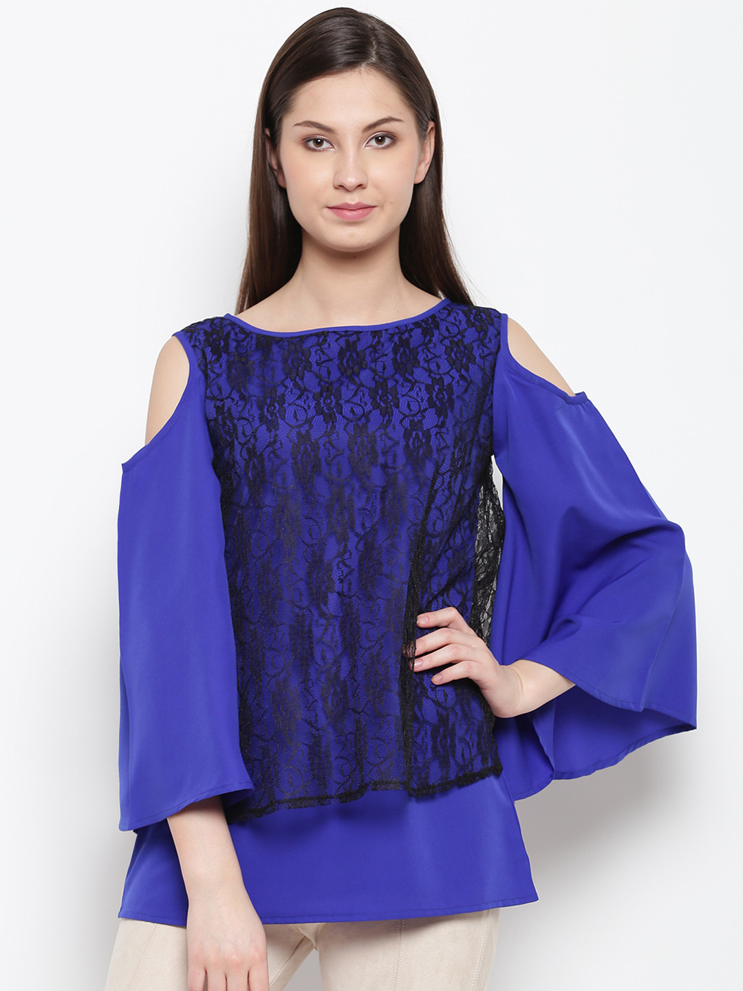 

Karmic Vision Women Blue Solid Layered Cold-Shoulder Top