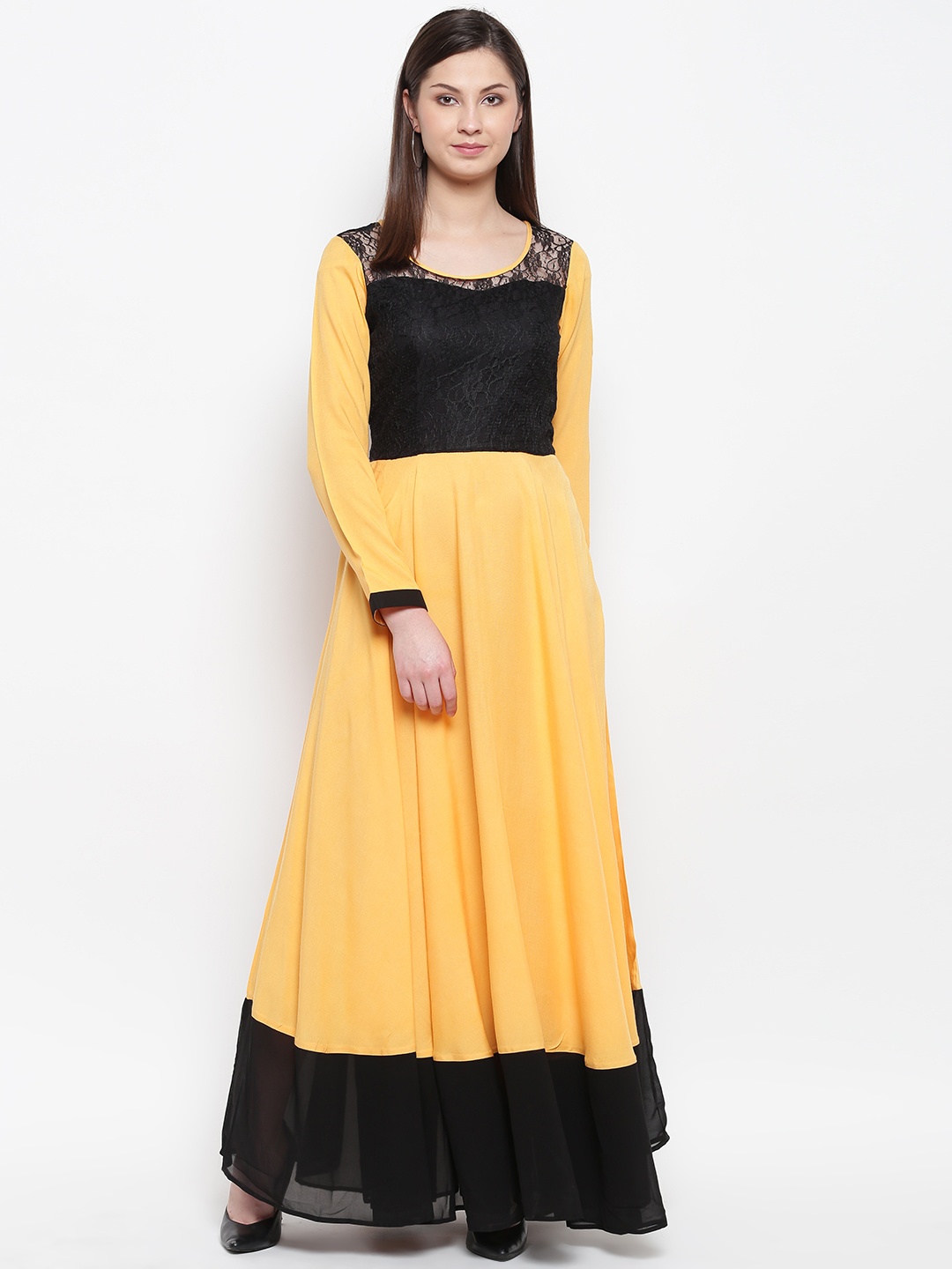 

Karmic Vision Women Yellow & Black Colourblocked Maxi Dress