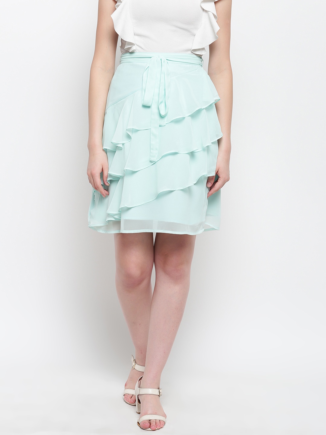 

Karmic Vision Women Sea Green Solid Tiered A-Line Skirt