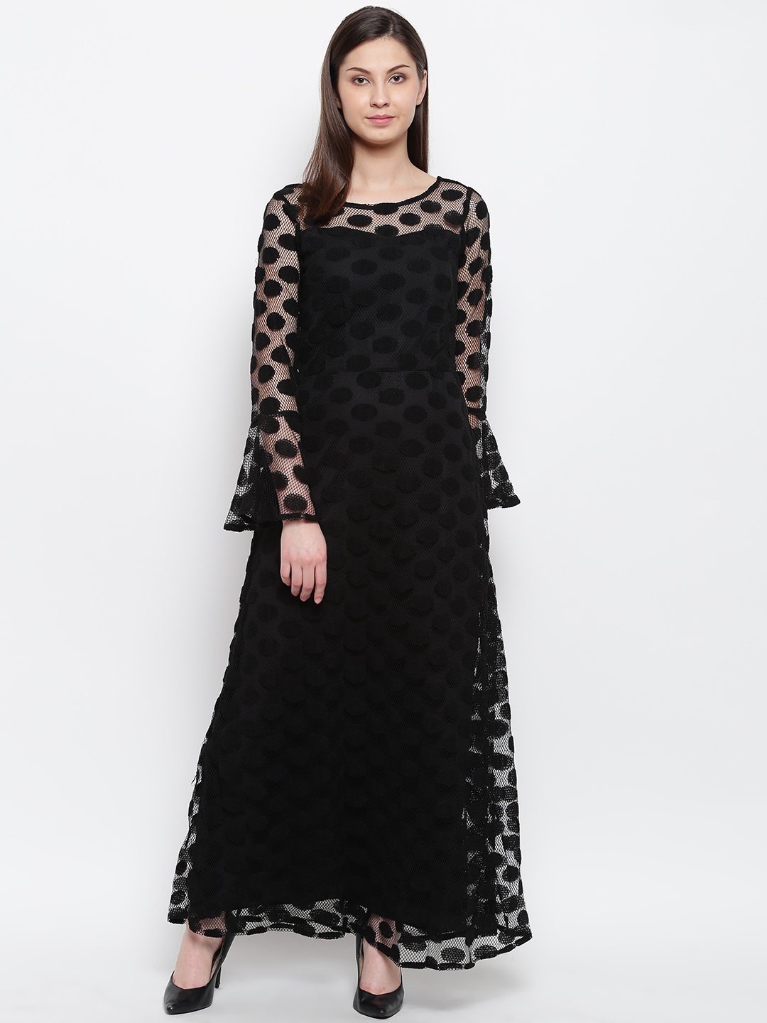 

Karmic Vision Women Black Lace Maxi A-Line Dress