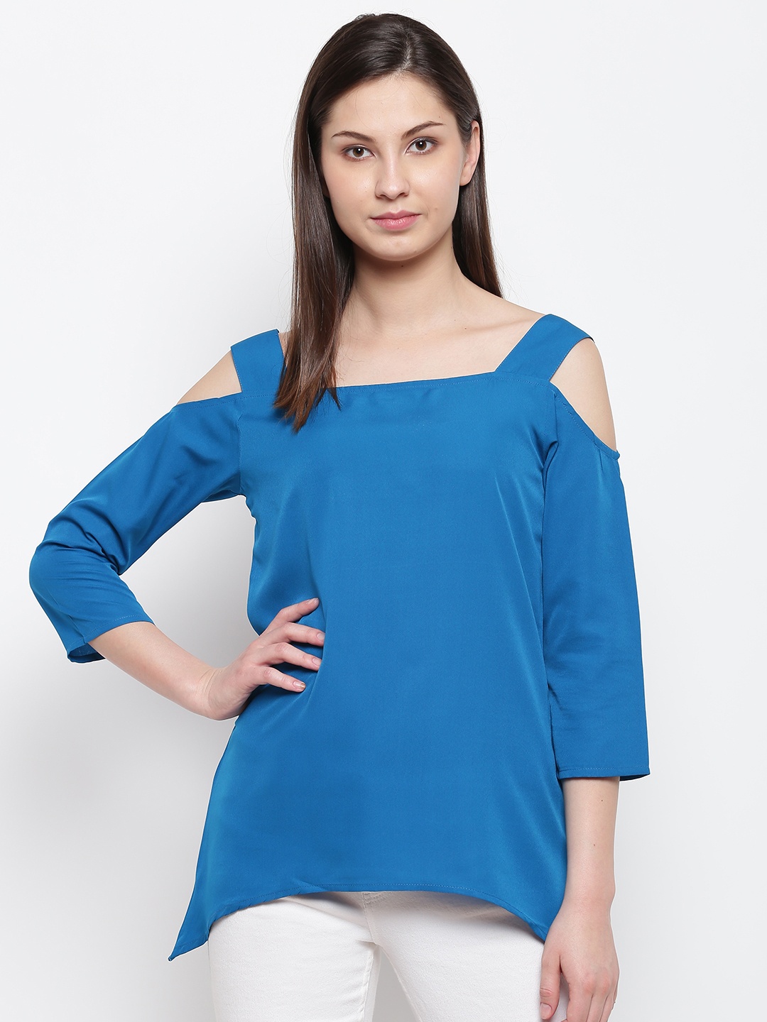 

Karmic Vision Women Blue Cold-Shoulder Solid A-Line Top