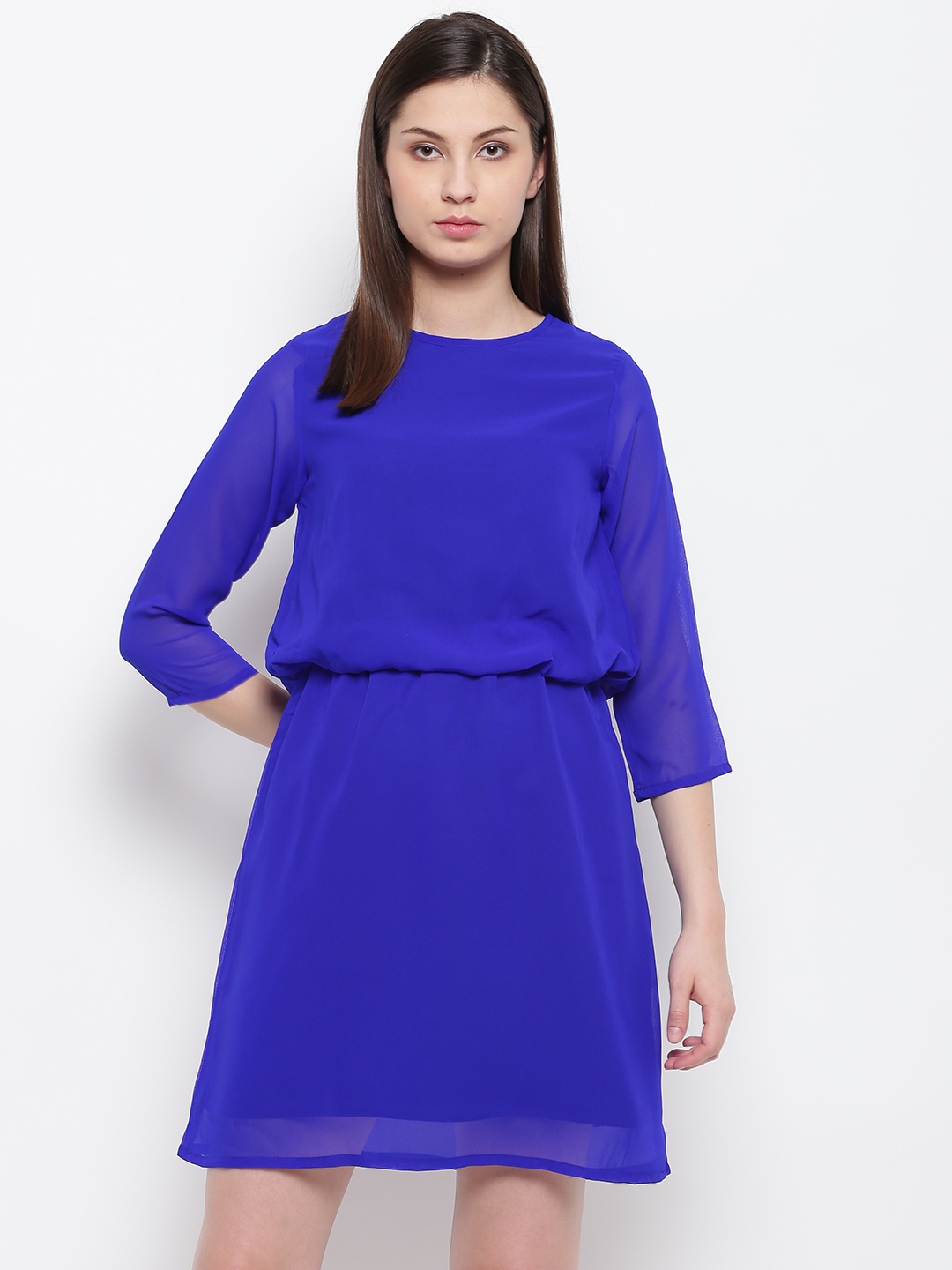 

Karmic Vision Women Blue Solid Semi-Sheer Blouson Dress