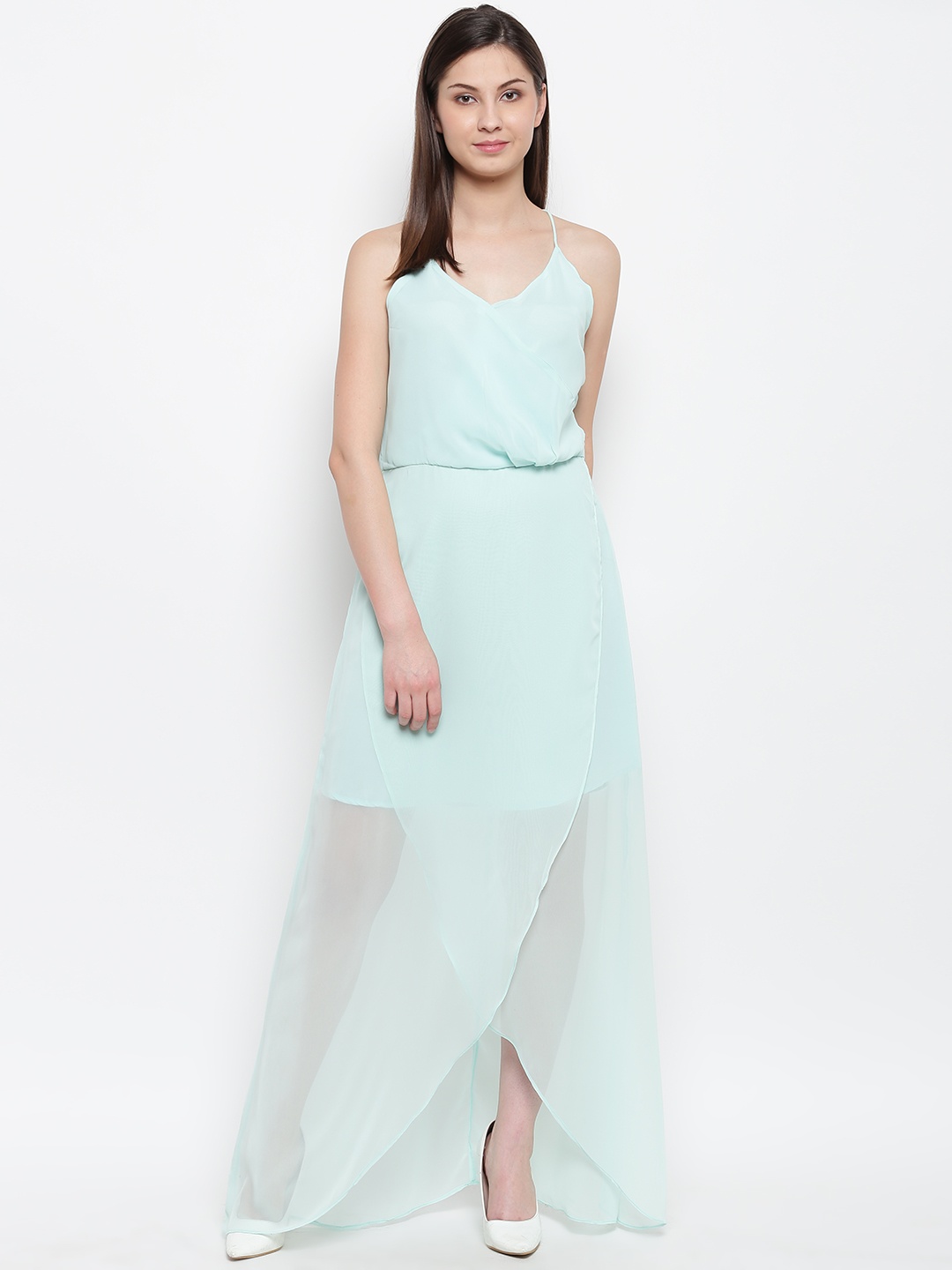 

Karmic Vision Women Sea Green Solid Semi Sheer Maxi Dress